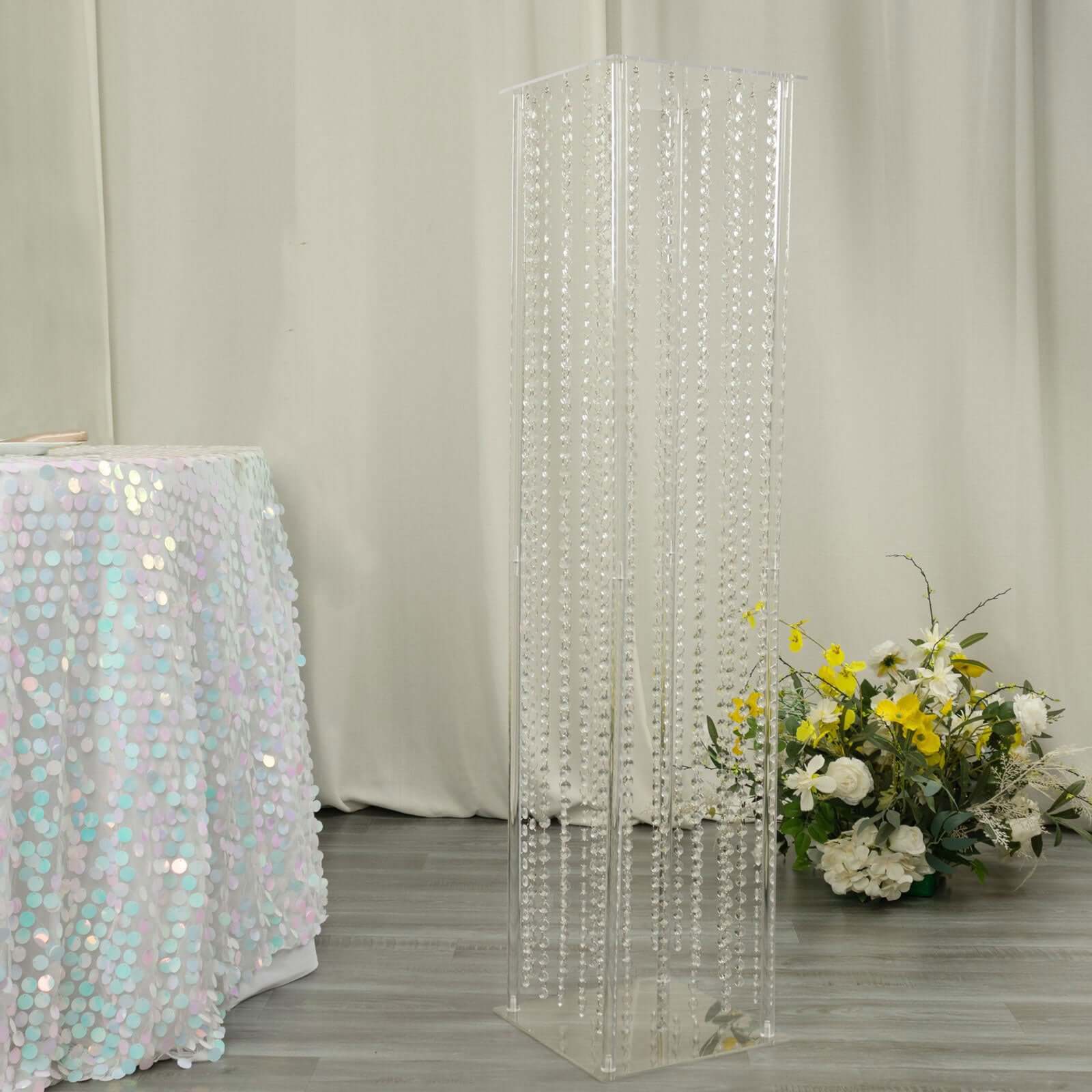 Acrylic Flower Pedestal Vase Pillar Stand with Crystal Beads Clear - Durable Wedding Floor Centerpiece for Large Displays 48