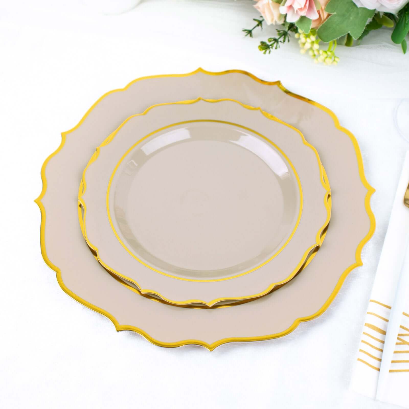 10-Pack Plastic 8 Round Desert Plates in Taupe with Gold Scalloped Rim - Disposable Appetizer/Salad Plates