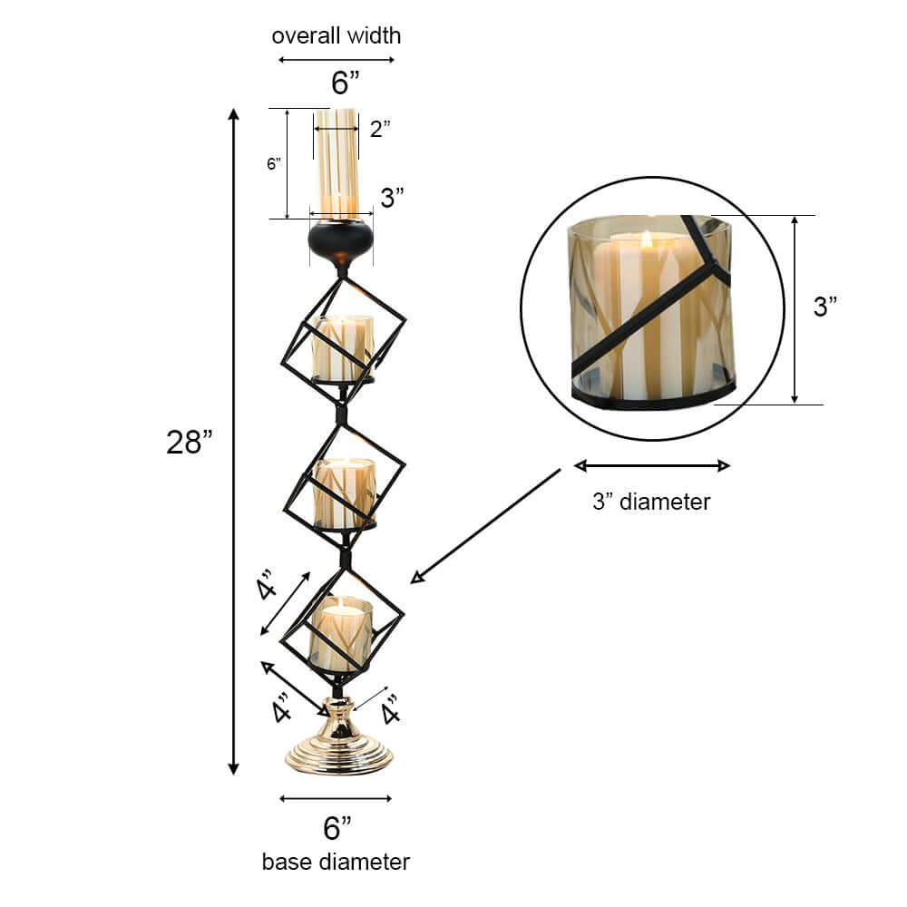 3-Tier Candle Holder Black Geometric Design with Amber Glass Votives & Gold Trim - Modern Decor for Weddings 28 Tall