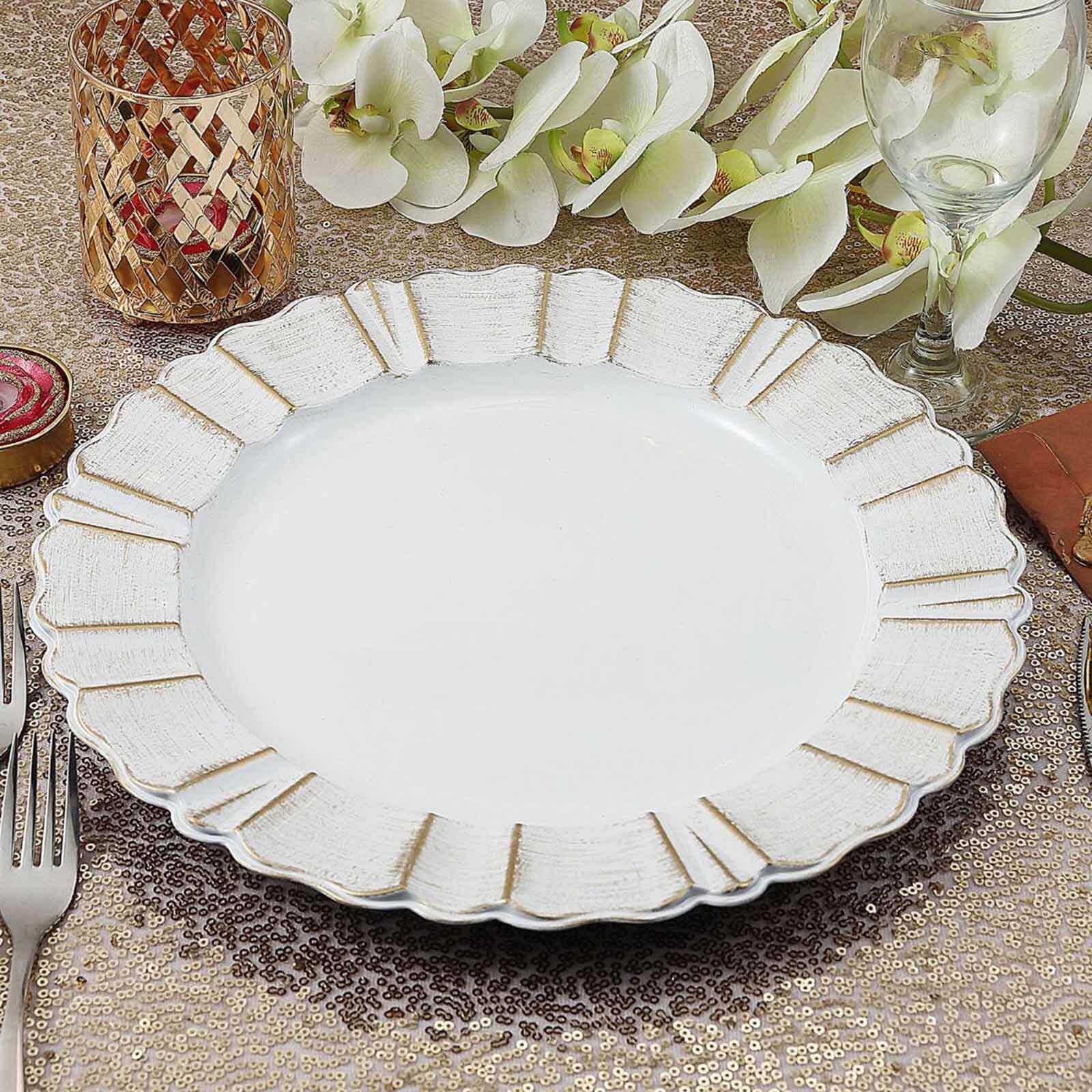 6-Pack Acrylic Plastic Round Charger Plates 13 in White with Gold Brushed Wavy Scalloped Rim, Decorative Dinner Party Charger Tableware