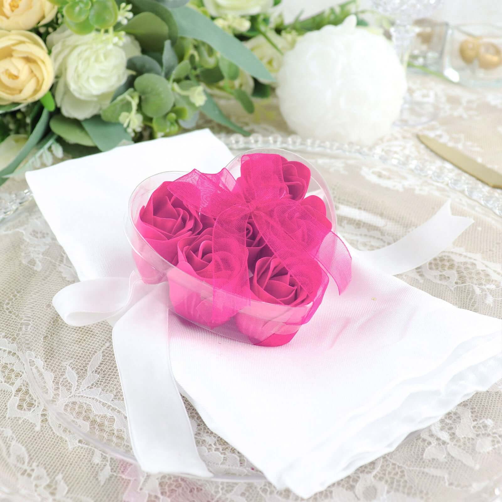 4 Pack 24 Pcs Fuchsia Scented Rose Soap Heart Shaped Party Favors With Gift Boxes And Ribbon