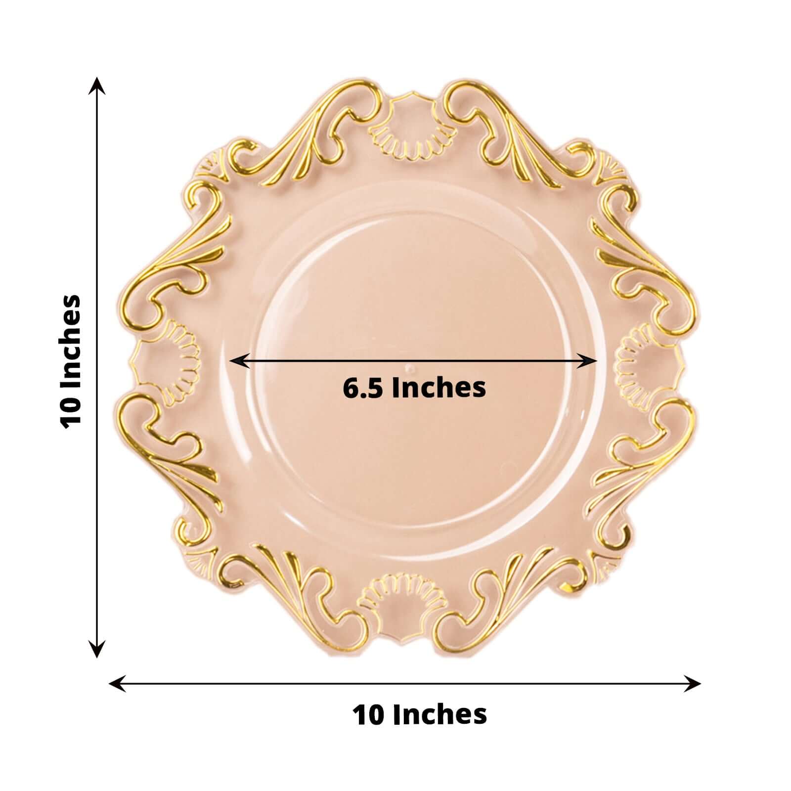 10-Pack Plastic 10 Round Dinner Plates in Clear with Gold Vintage Baroque Scalloped Rim - European Style Disposable Party Plates