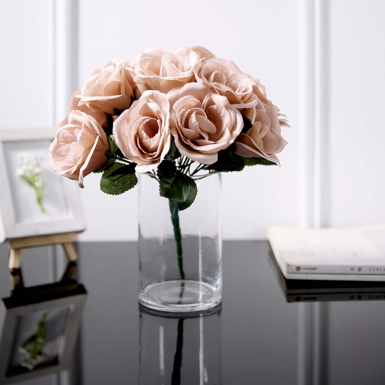 12 Dusty Rose Artificial Velvet-Like Fabric Rose Flower Bouquet Bush