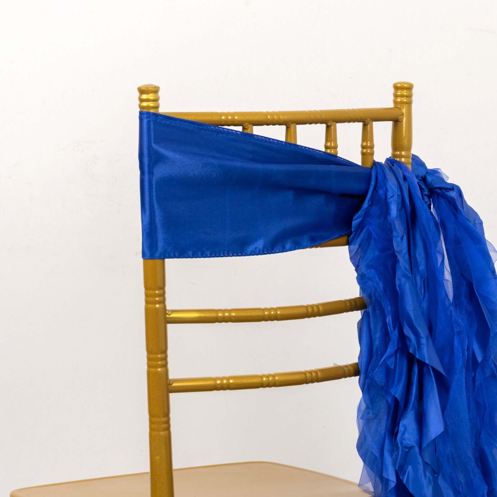 5 Pack Chiffon Satin Chair Sashes Royal Blue - Easy to Install Ruffled Curly Willow