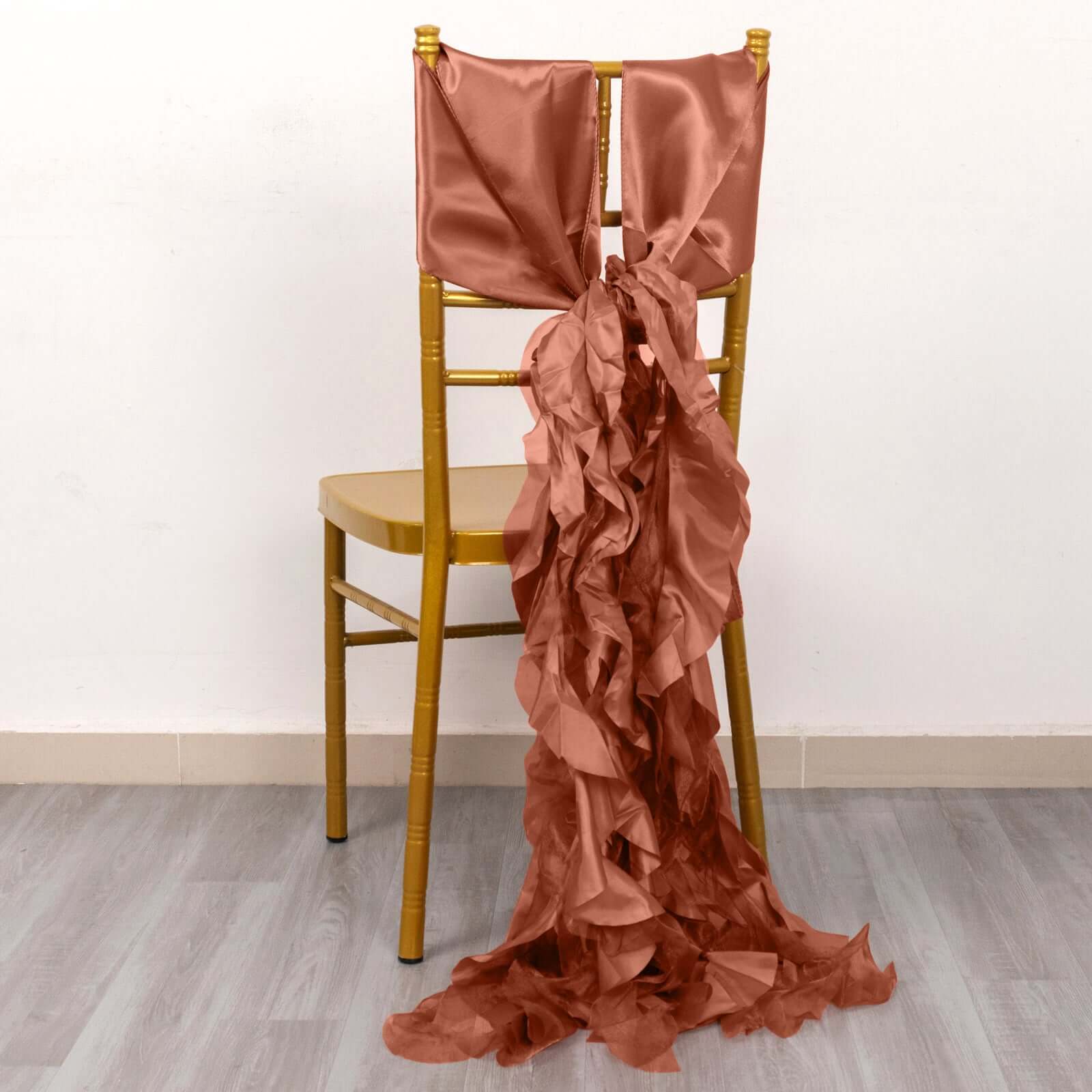 5 Pack Chiffon Satin Chair Sashes Terracotta (Rust) - Easy to Install Ruffled Curly Willow