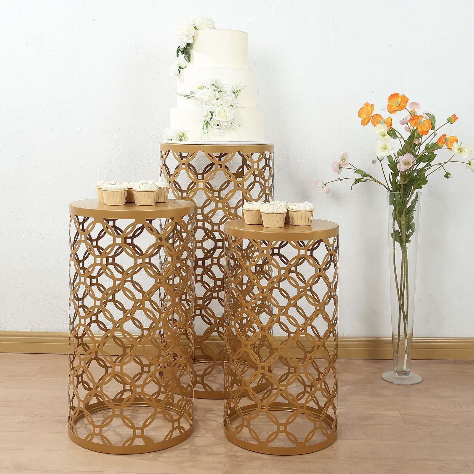 Set of 3 Gold Metal Cylinder Pillar Cake Display Stands, Round Mesh Plinth Pedestal Stand in Hollow Overlapping Circles Pattern - 22,24,30