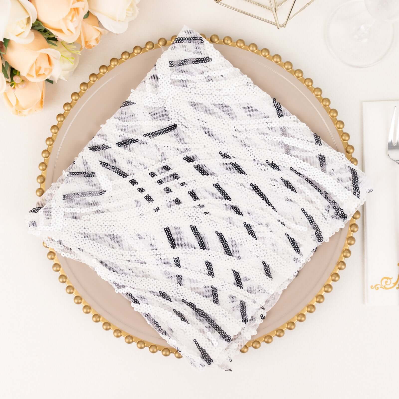 Sequin Mesh 20x20 Napkin White Black - Wave Embroidered Reusable Napkin