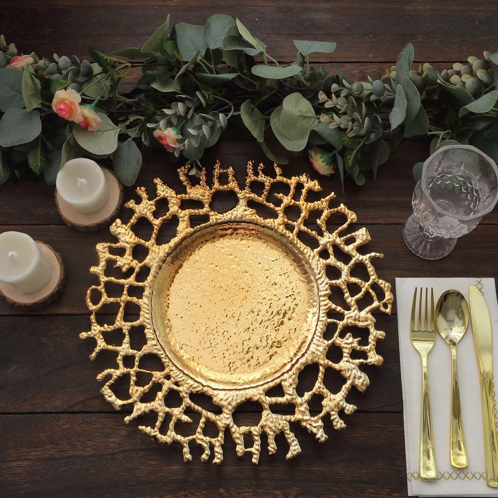 6-Pack Acrylic Round Charger Plates 13 in Gold with Molten Branch Design, Plastic Hollow Lace Decorative Dinner Party Charger Tableware