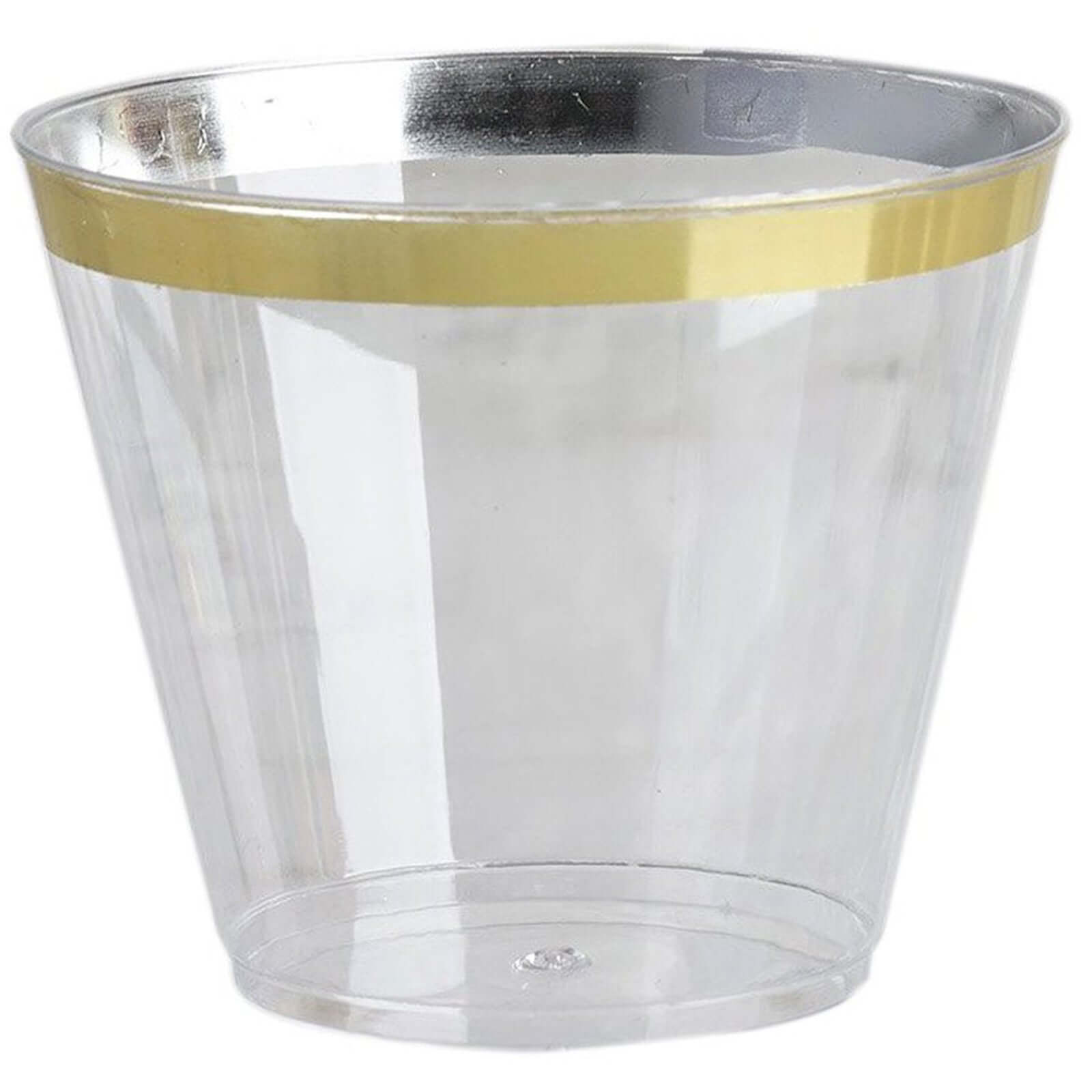 25-Pack Plastic Party Cups Clear Crystal with Gold Rim - Stylish Short Disposable Glasses 9oz