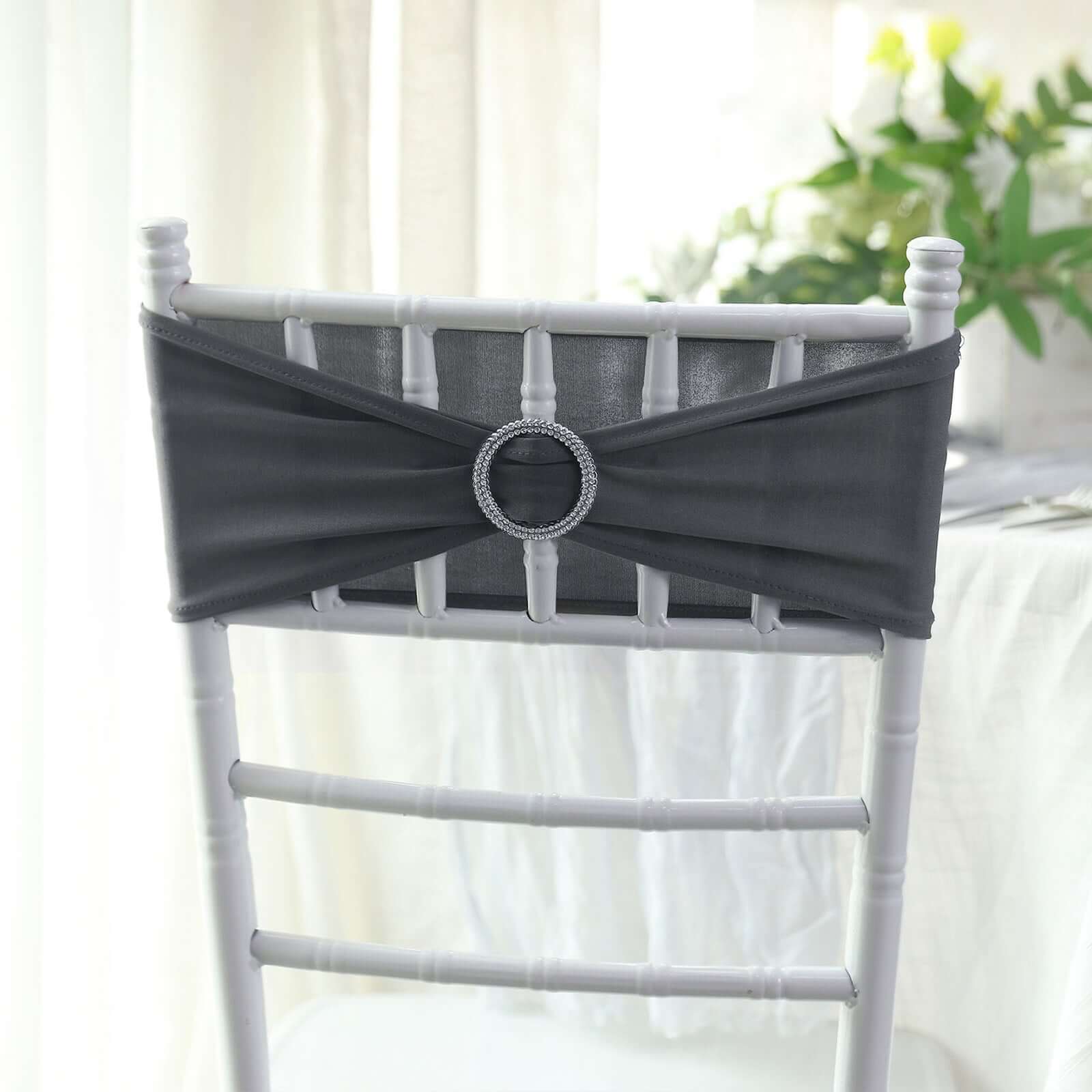 5 Pack Stretch Spandex Chair Sashes Charcoal Gray - Reusable Chair Bands with Silver Diamond Ring Slide Buckle 5x14