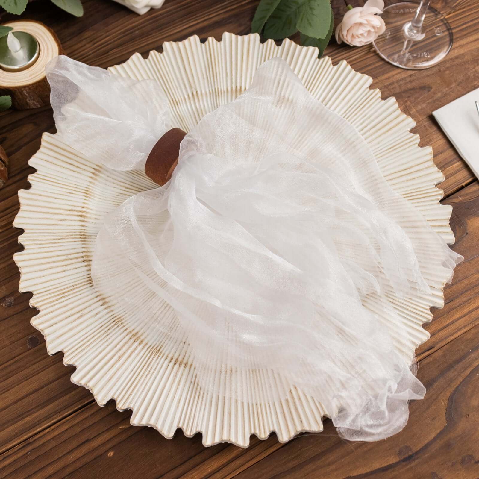 5 Pack Crinkled Organza 21x21 Napkins White - Classy Rustic Style Dinner & Party Napkins