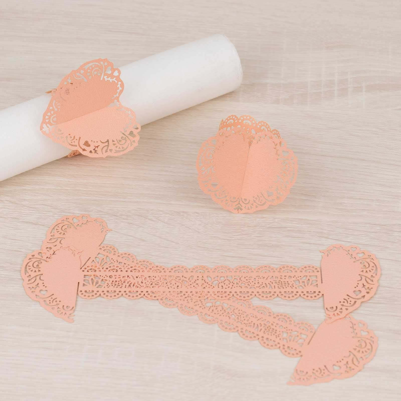 12 Pack Blush Shimmery Laser Cut Heart Paper Napkin Holders with Lace Pattern, Disposable Napkin Rings Bands