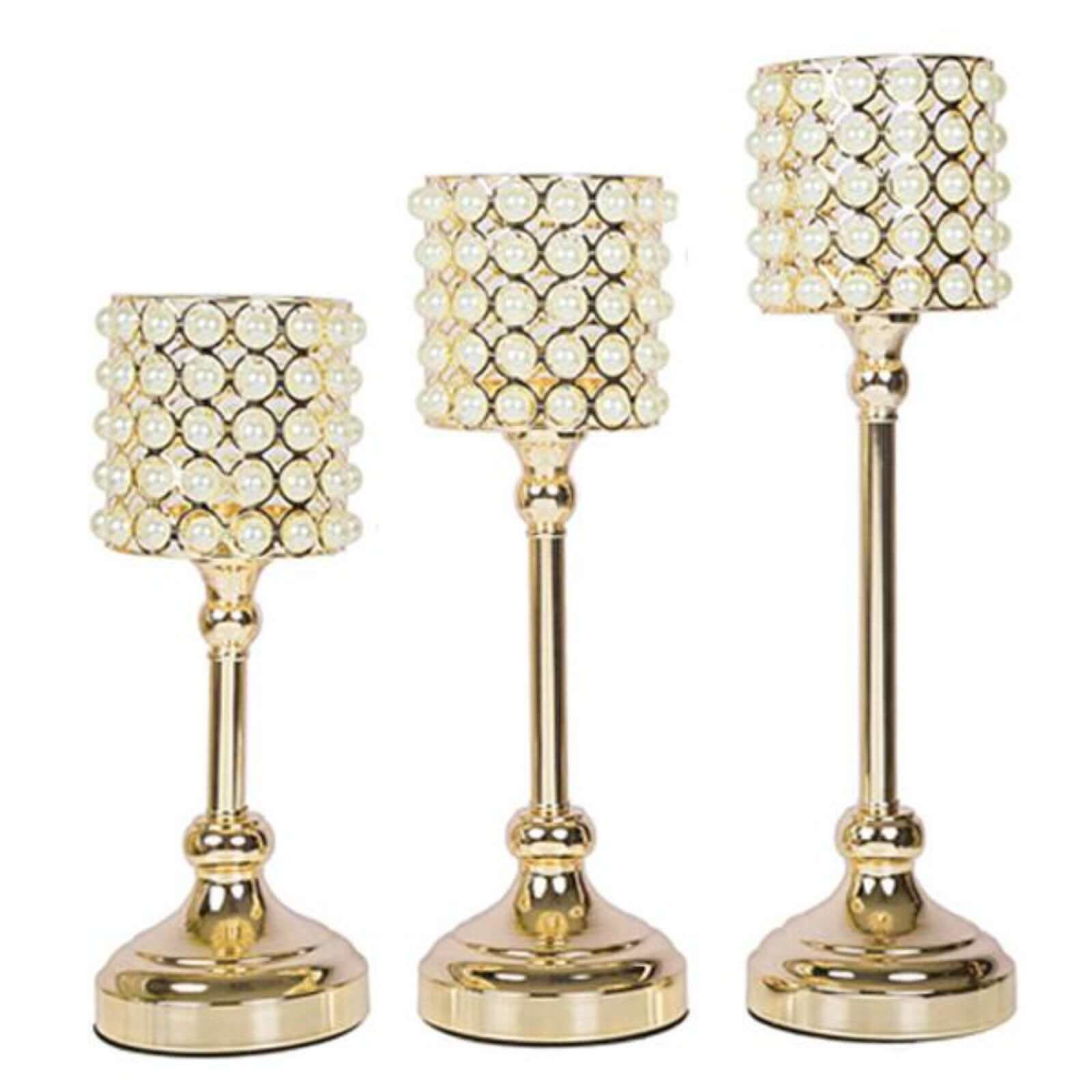 Set of 3 Votive Candle Holders White Pearl Beaded - Gold Sophisticated Small Pillar Stands 12, 14, 16