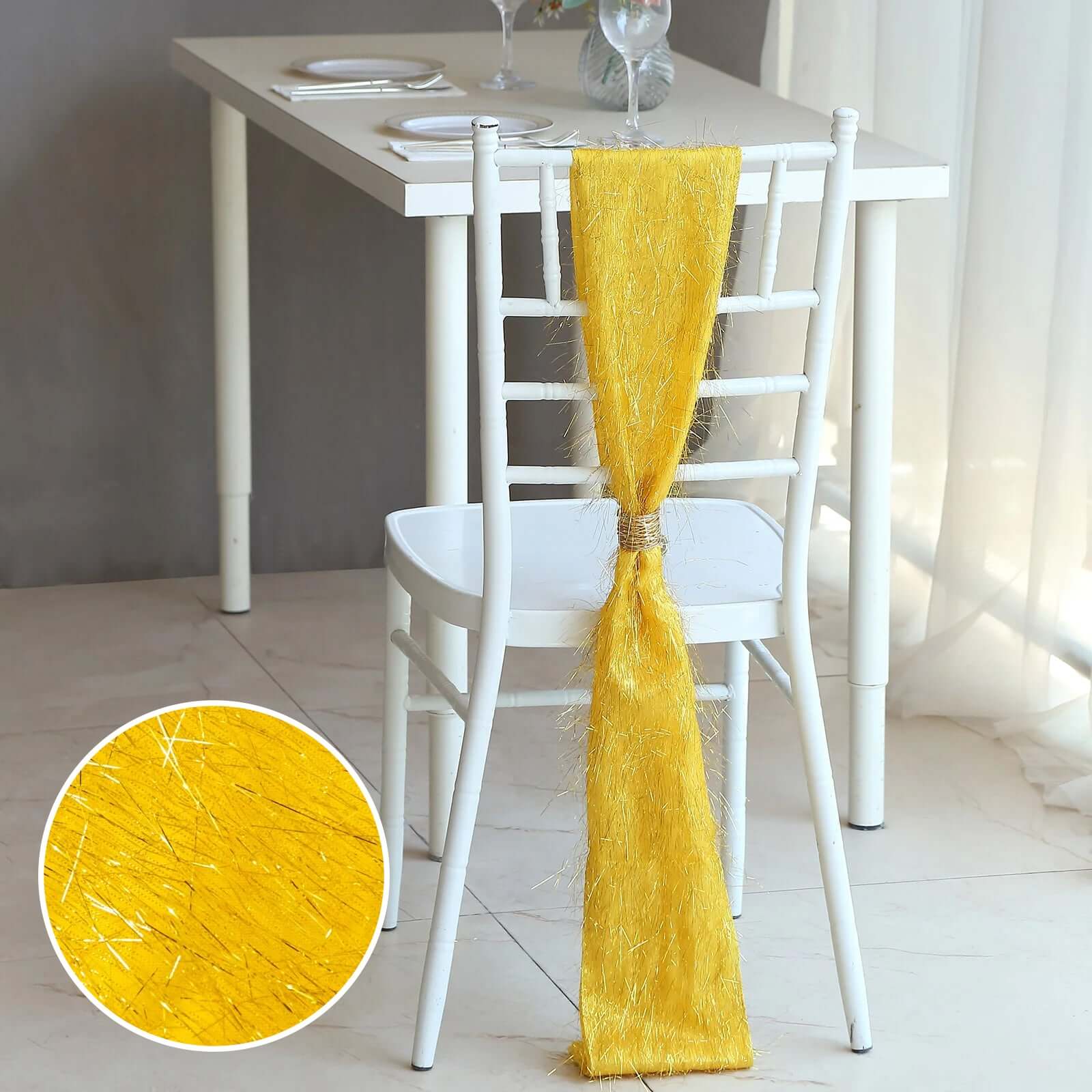 5 Pack Polyester Chair Sashes Gold Metallic Tinsel Fringe - Easy to Use Sparkly Chair Bows 6x108