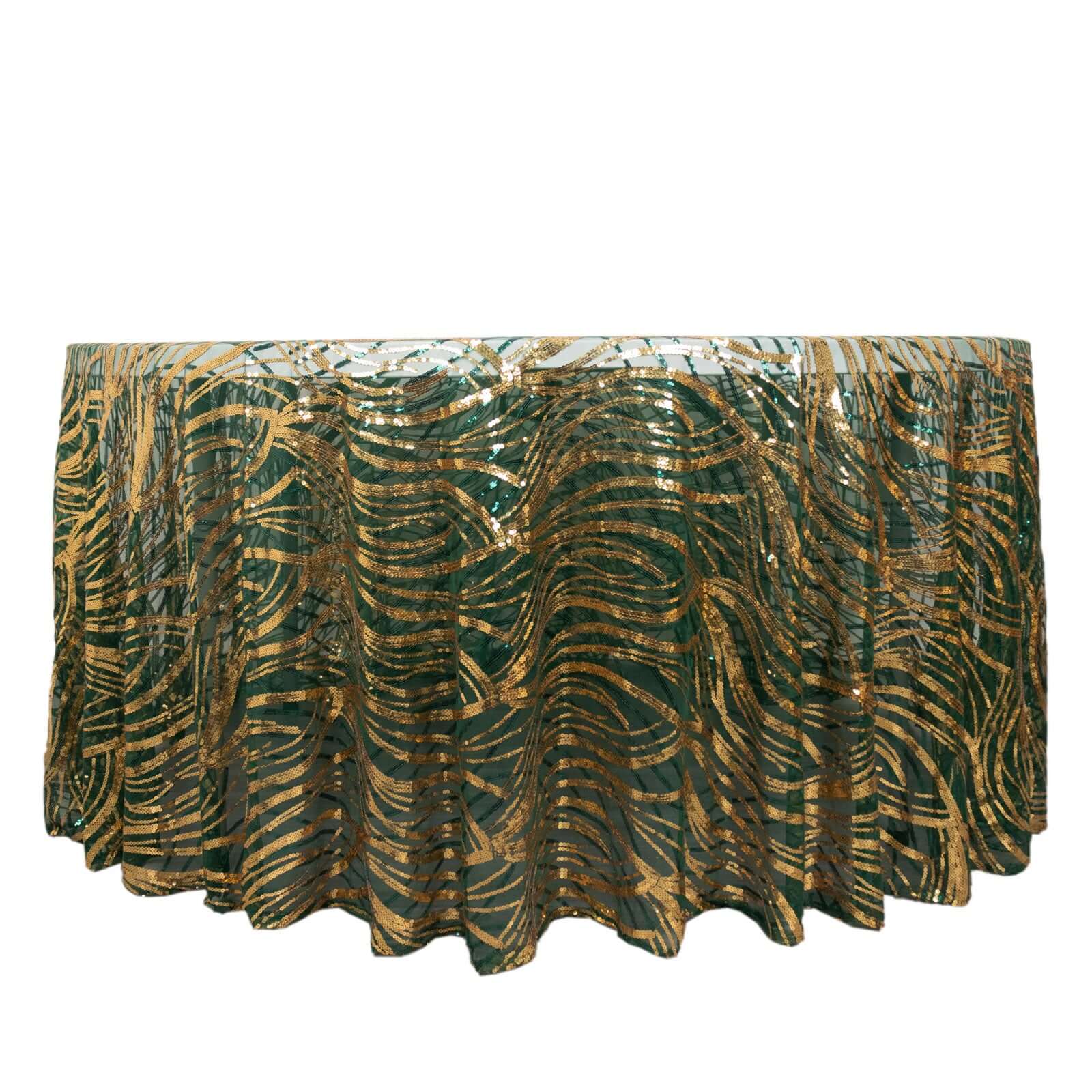 Sequin Mesh 120 Round Tablecloth Hunter Emerald Green/Gold - Seamless Wave Embroidered Table Cover