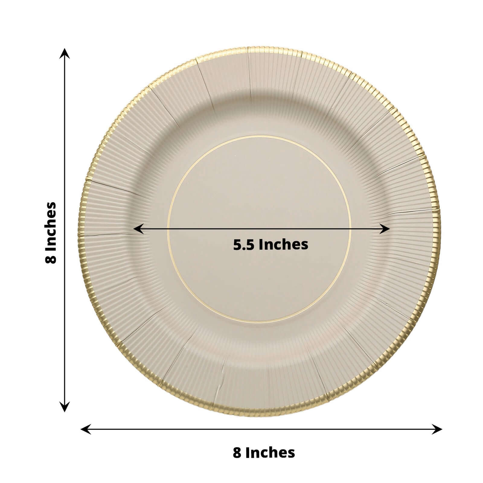 25-Pack Paper 8 Round Dessert Plates in Taupe Sunray Design with Gold Rim - Disposable Heavy Duty 350GSM Appetizer Salad Plates