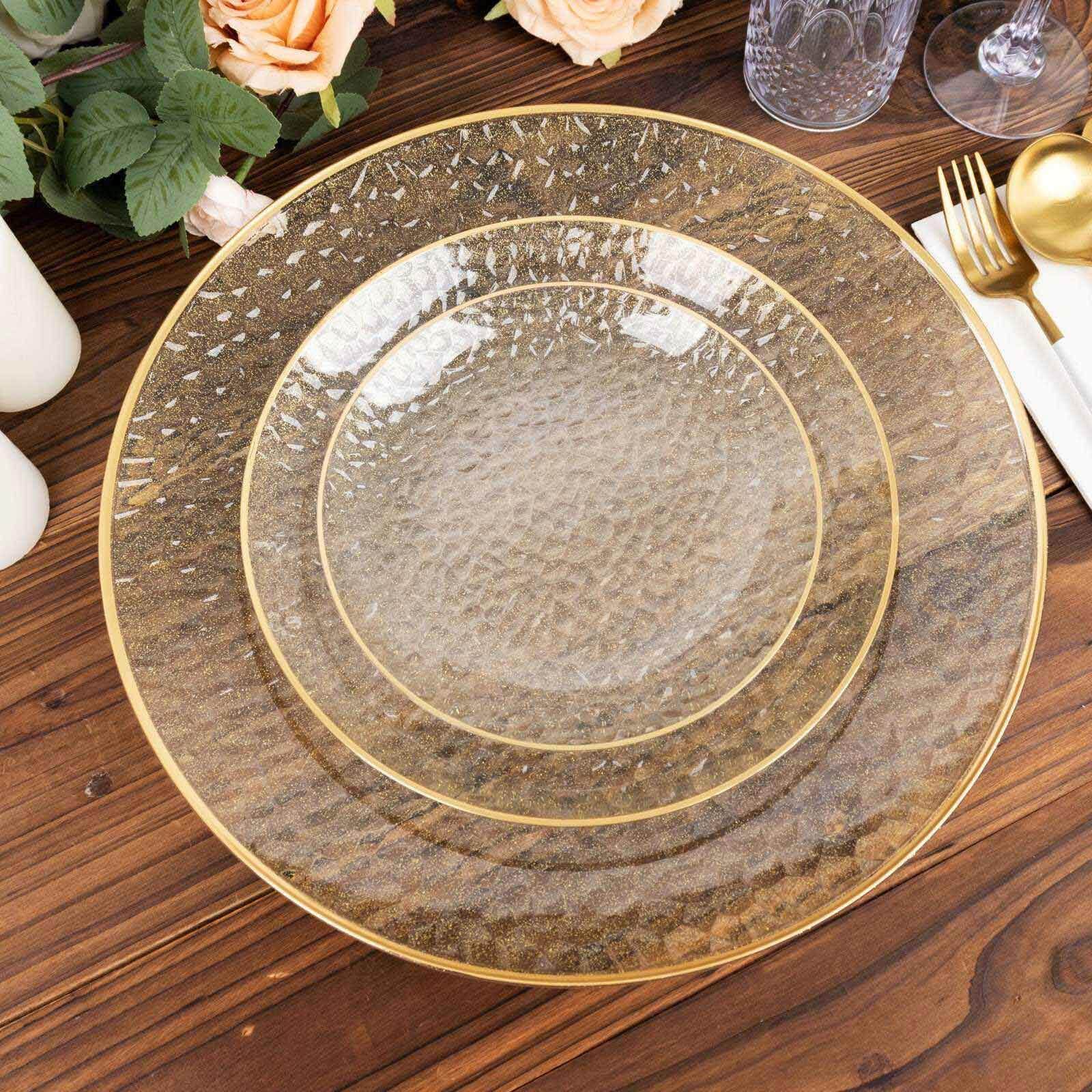 10-Pack Plastic 7 Round Dessert Appetizer Plates in Clear Gold Glittered Hammered Design with Gold Rim - Modern Disposable Salad Plates for Events & Banquets