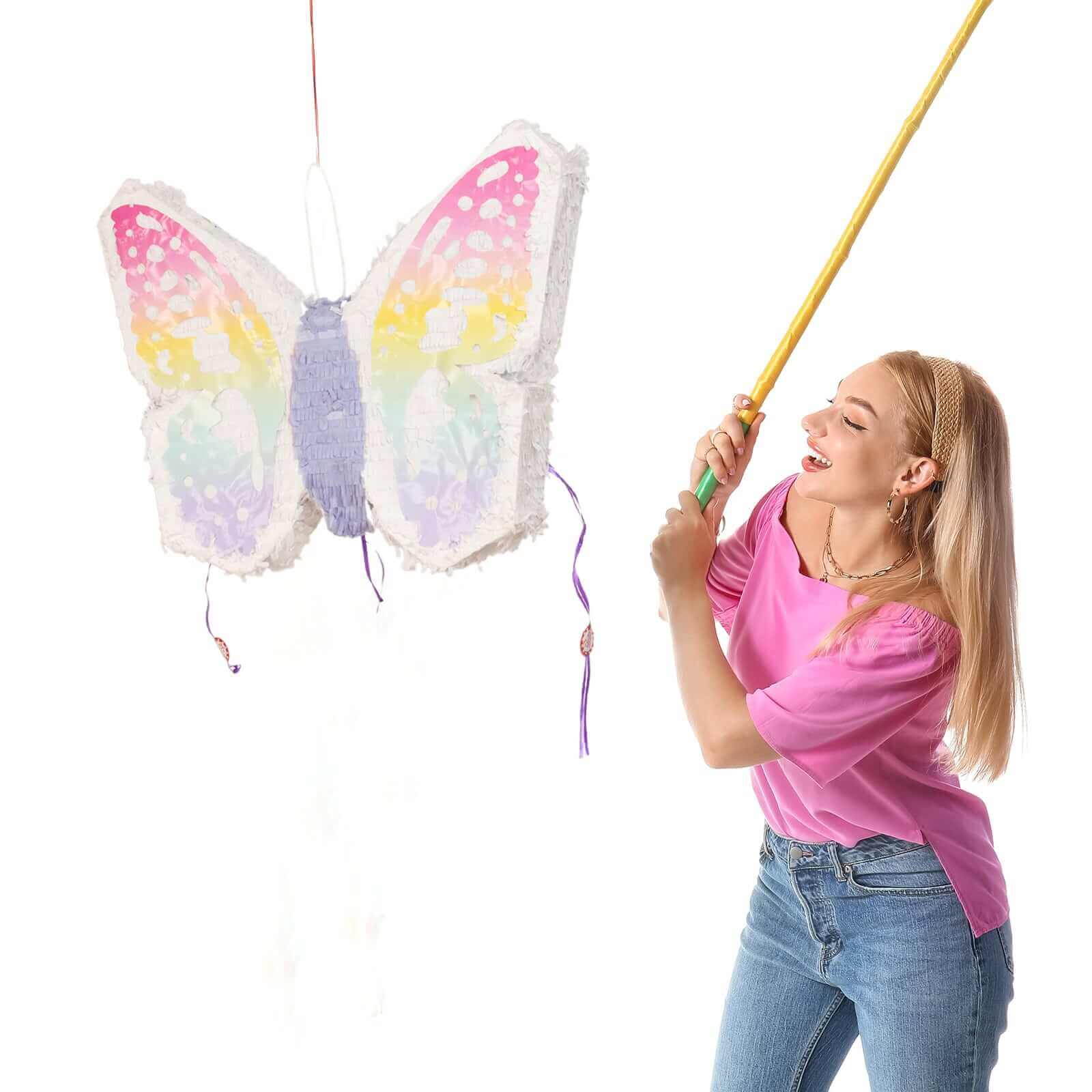 Expandable White Lilac Paper Butterfly Pinata Hanging Decor with Pastel Colored Wings, Fairy Themed Birthday Party Pinata - 23x19