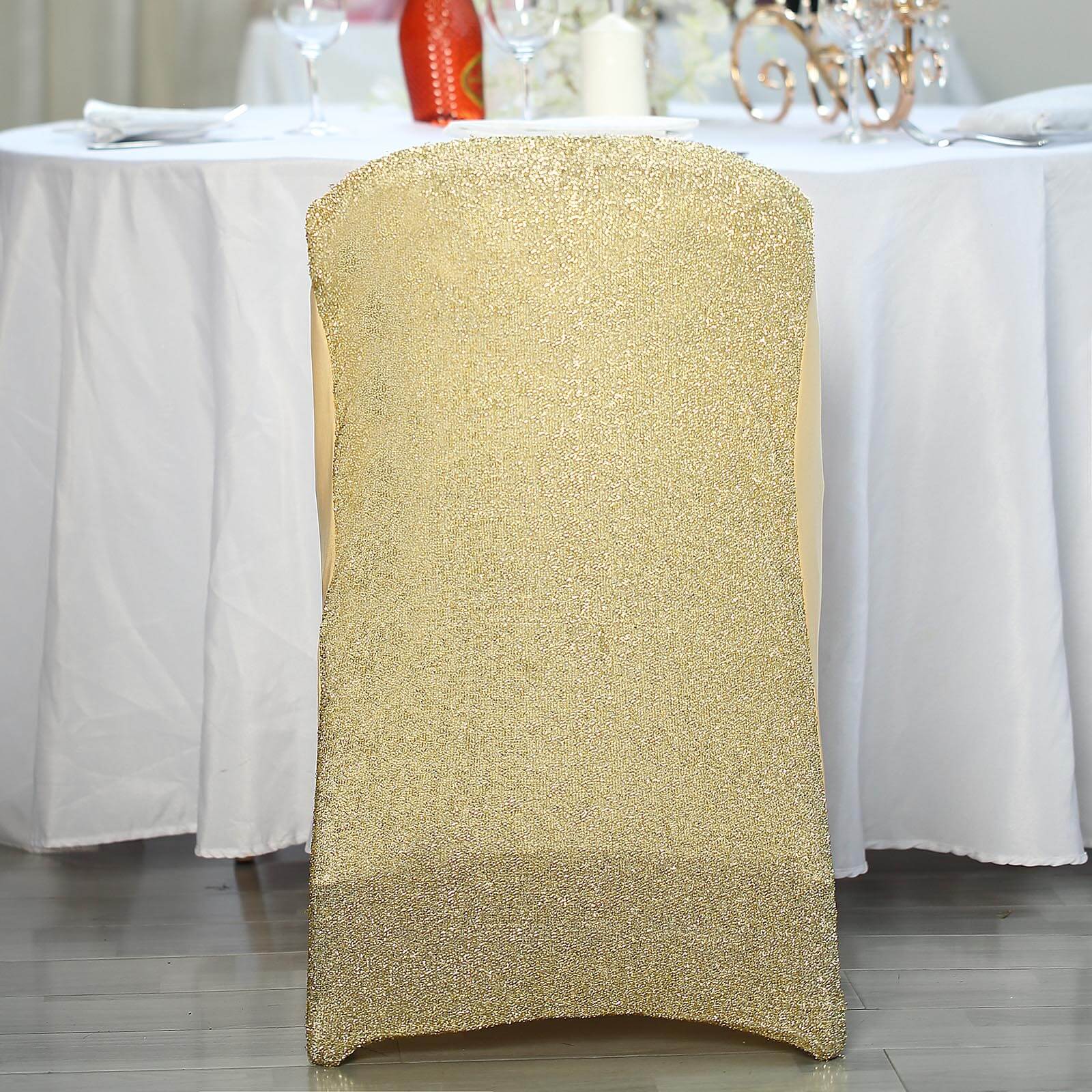 Stretch Spandex Chair Cover Champagne for Folding Chairs - Metallic Shimmer Tinsel Back Design Fitted Slipcover