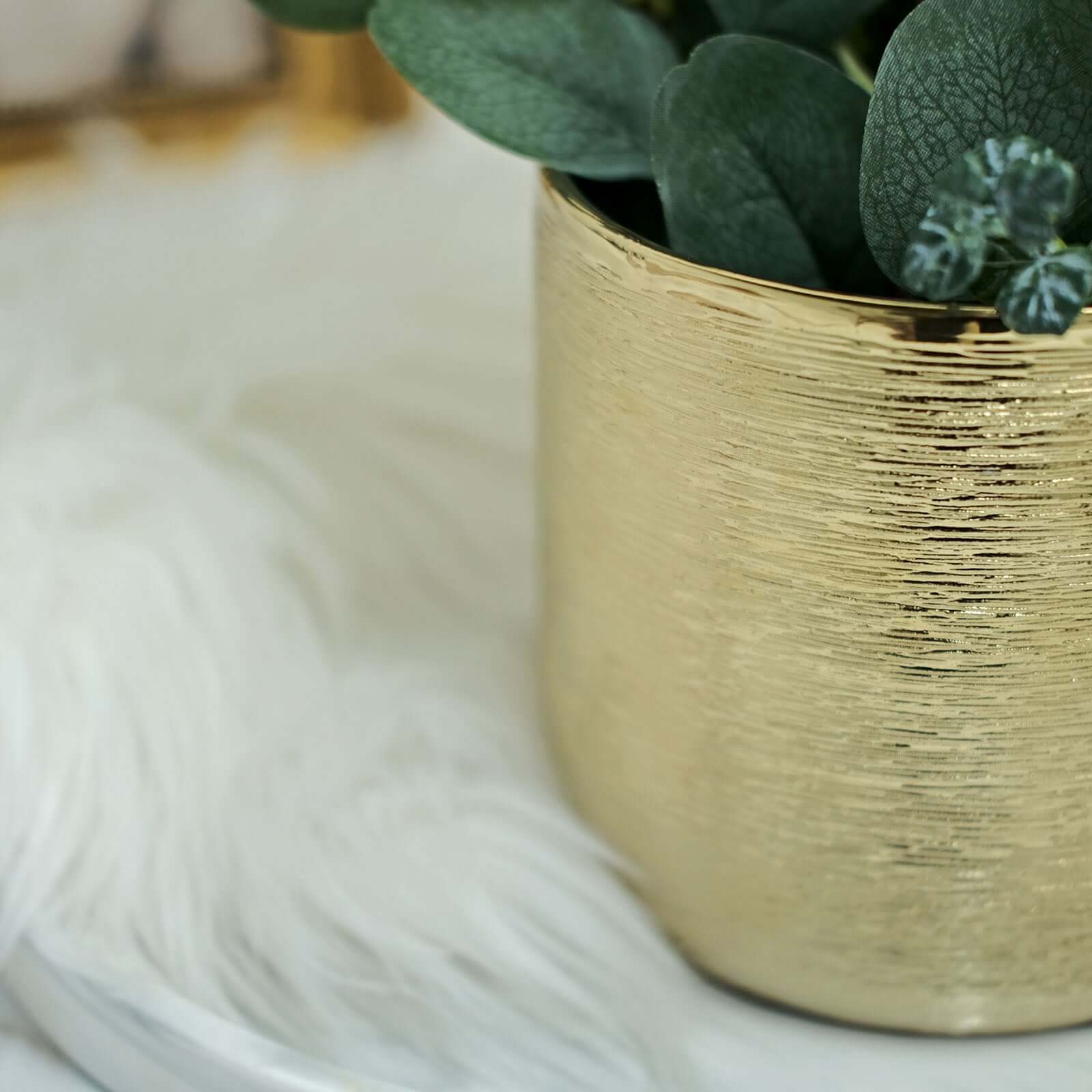 2-Pack Flower Plant Pots Textured Round Design Metallic Gold - Ceramic Cylindrical Indoor Planters 5