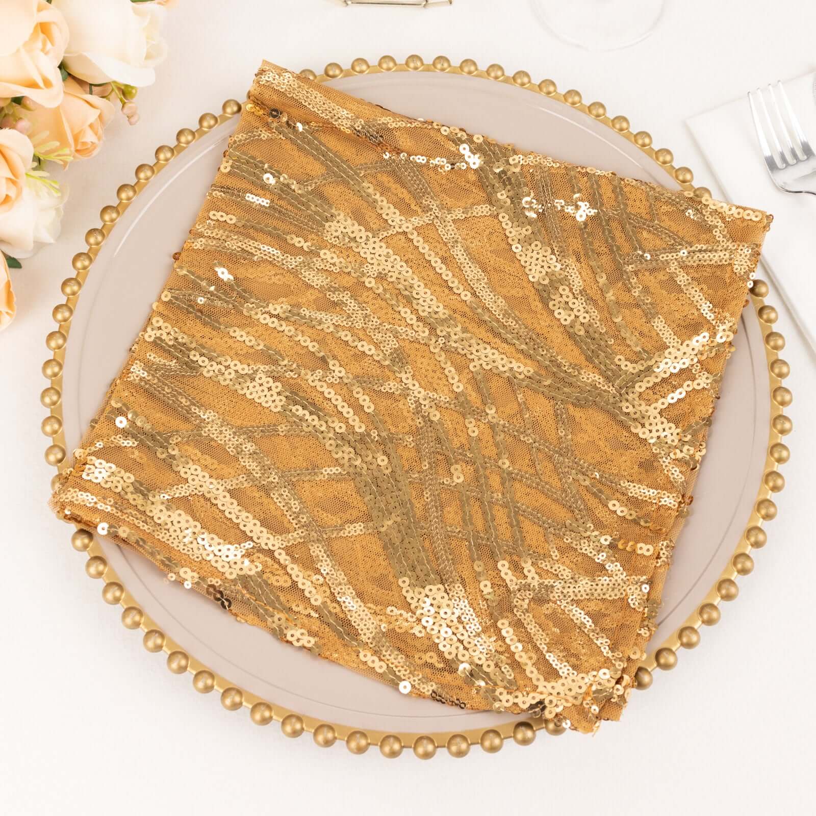 Sequin Mesh 20x20 Napkin Gold - Wave Embroidered Reusable Cloth Napkin for Glitzy Table Settings