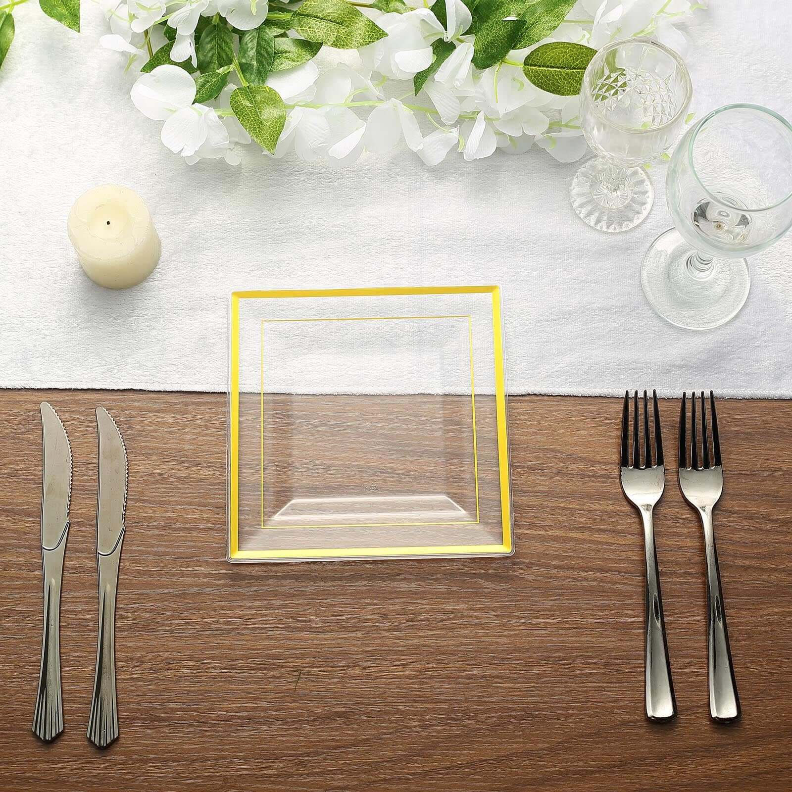 10-Pack Plastic Salad Dessert Plates Clear Square with Gold Trim - Durable Disposable Appetizer Plates 7