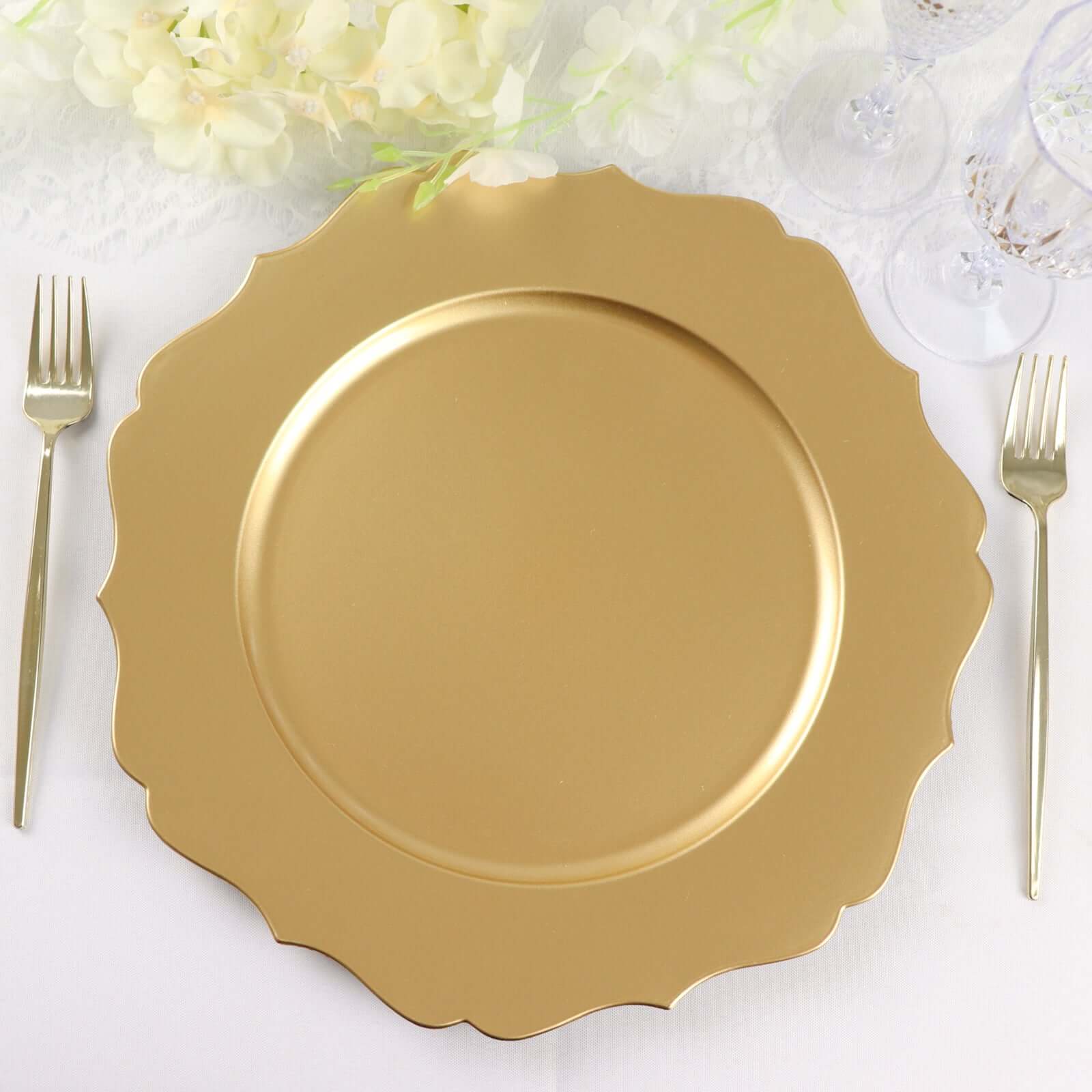 6 Pack 13 Metallic Gold Acrylic Charger Plates Scalloped Rim, Gold Plastic Charger Plates