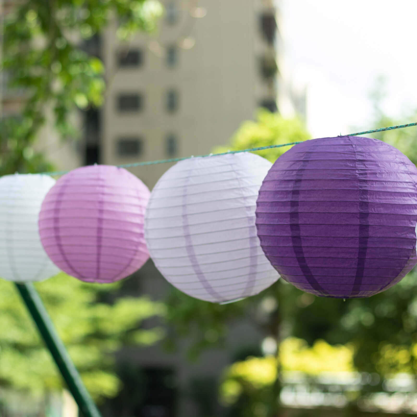 Set of 8 Mixed Purple White Hanging Paper Lanterns, Decorative Round Chinese Sky Lanterns, Assorted Sizes - 6,8,10,14