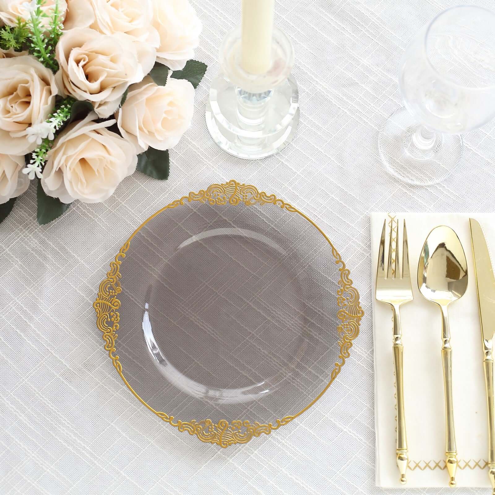 10-Pack Plastic 8 Round Dessert Plates in Transparent Black with Gold Leaf Embossed Rim - Disposable Vintage Baroque Style Salad Plates