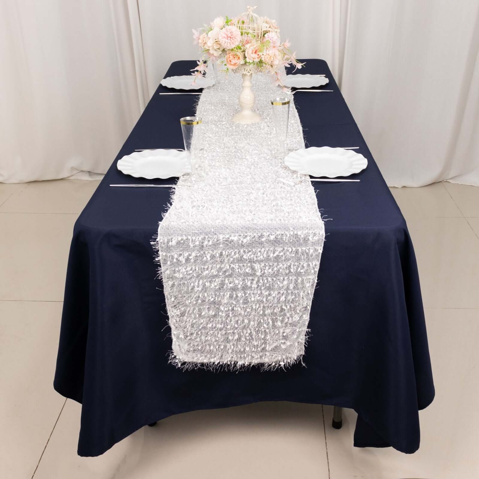 Polyester 12x108 Table Runner White - Fringe Shag Table Decor