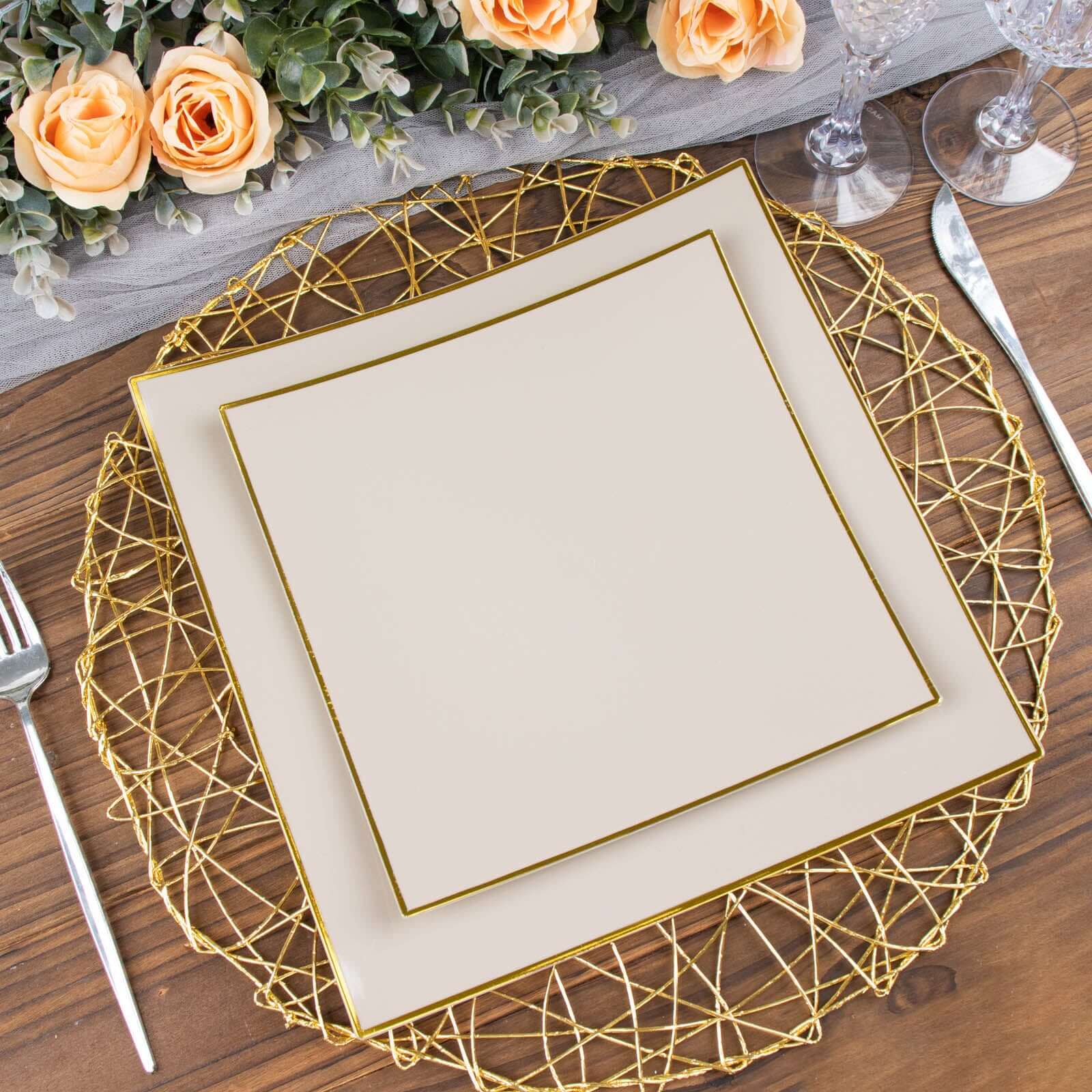 10-Pack Plastic 8 Square Dessert Plates in Taupe Concave Style with Gold Rim - Modern Disposable Salad Appetizer Party Plates