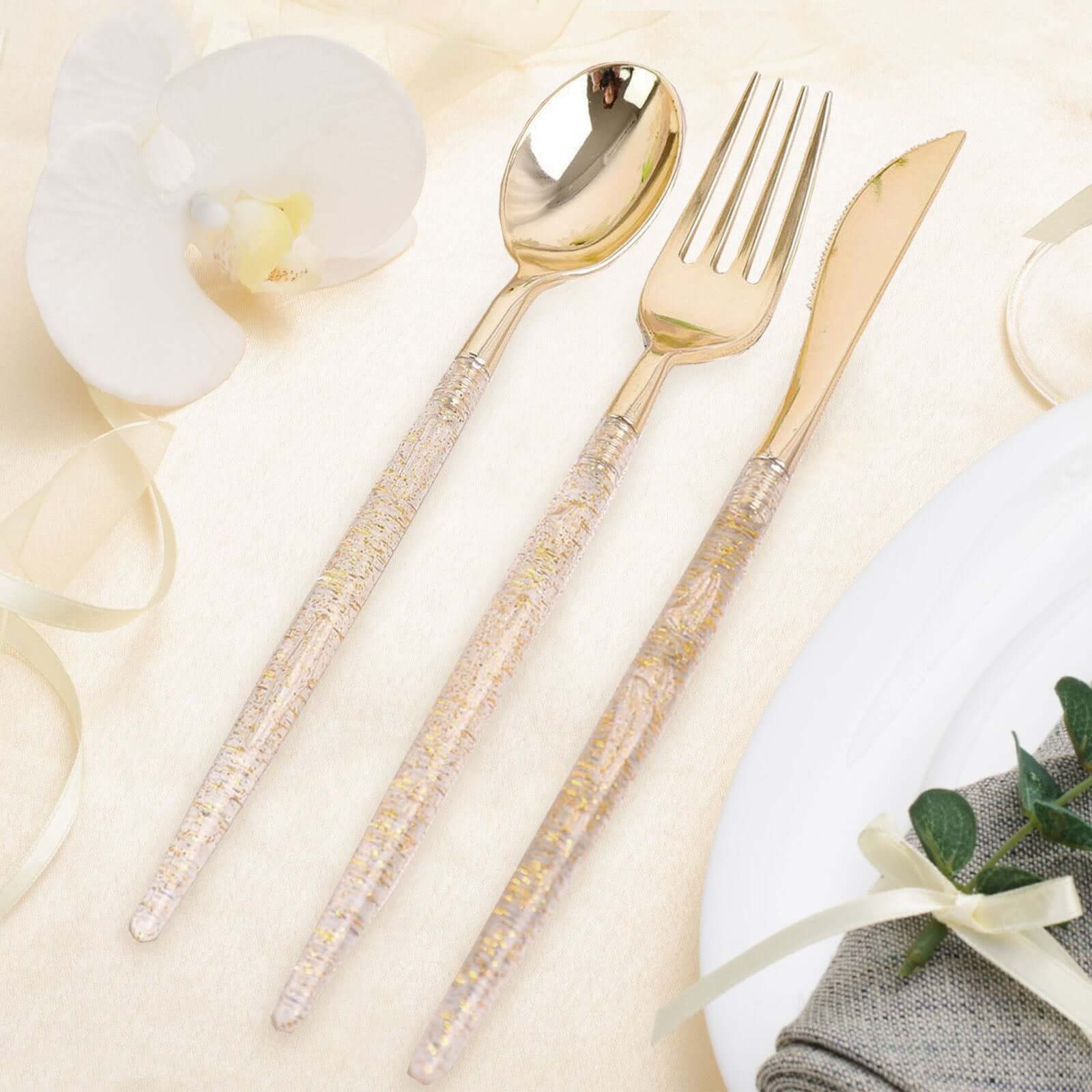 24-Pack Plastic Cutlery Set Metallic Gold with Gold Glitter - Stylish Disposable Silverware-Pack 8