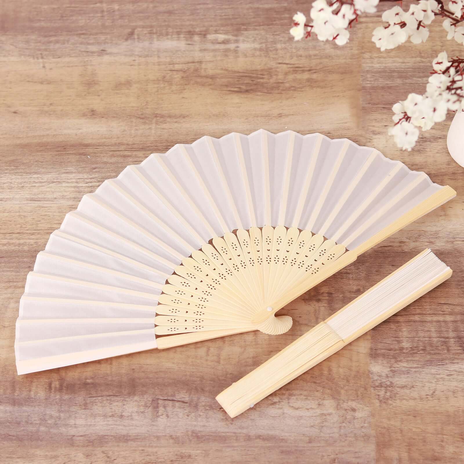 5 Pack White Asian Silk Folding Fans Party Favors, Oriental Folding Fan Favors