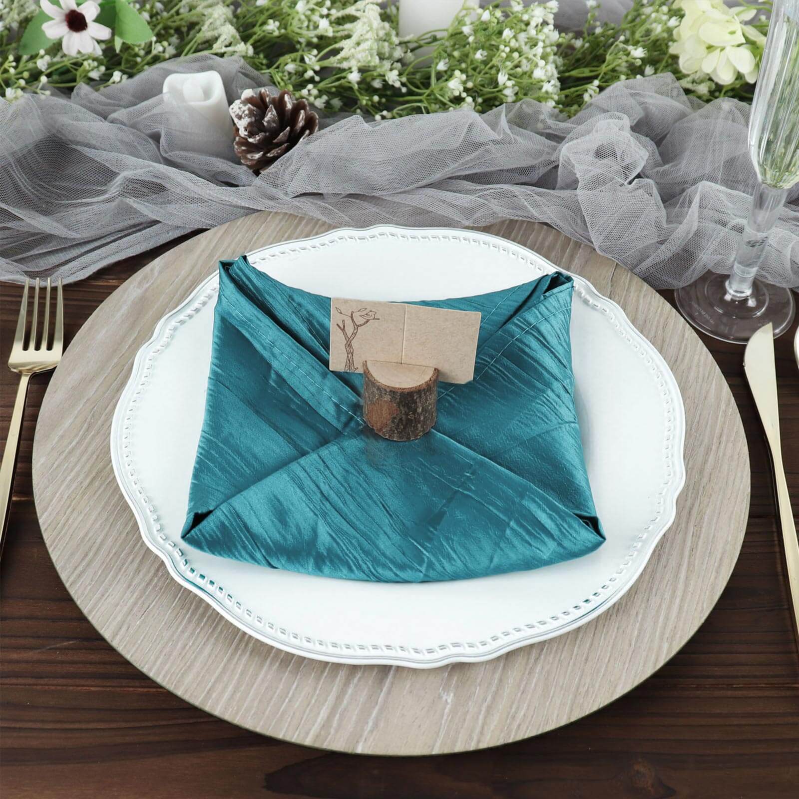 5 Pack Taffeta 20x20 Napkins Peacock Teal - Accordion Crinkle Dinner Napkins