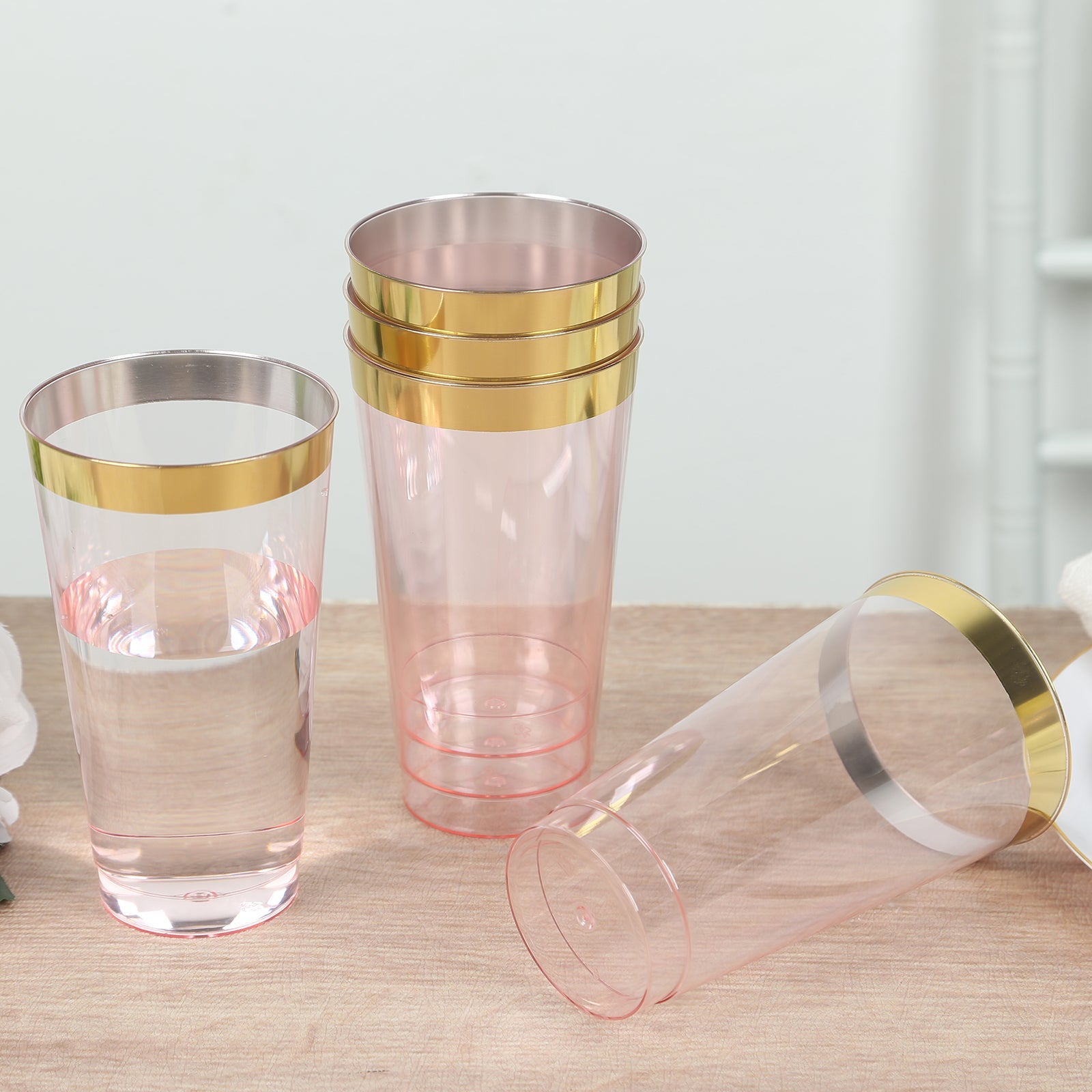 12-Pack Plastic Party Cups Transparent Blush with Gold Rim - Durable Disposable Tumblers for Drinks 17oz 5.5