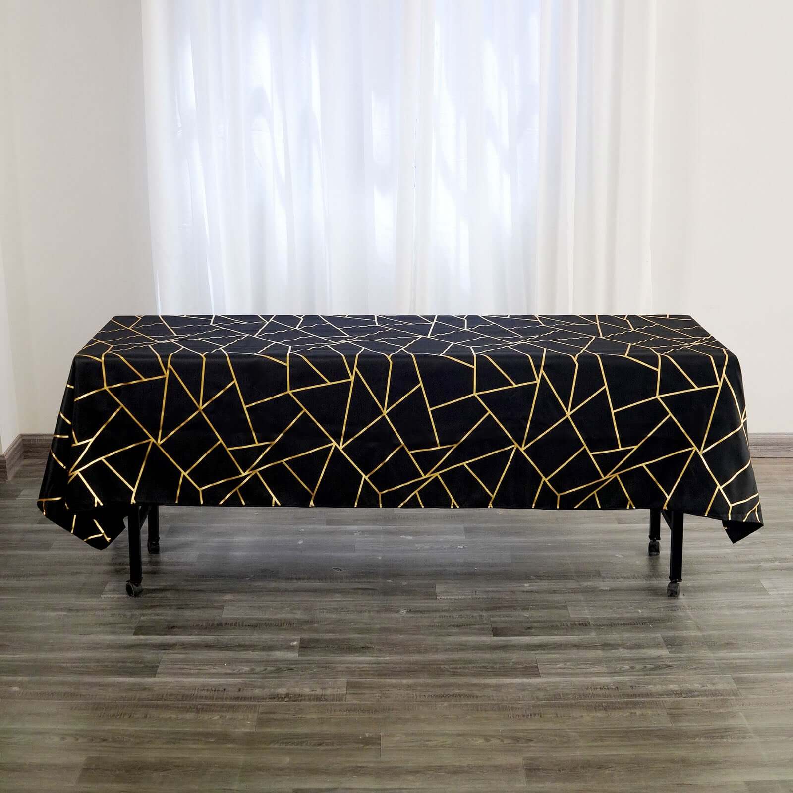 Polyester 60x102 Rectangle Tablecloth Black with Gold Foil Geometric Pattern - Wrinkle-Resistant & Durable Table Cover