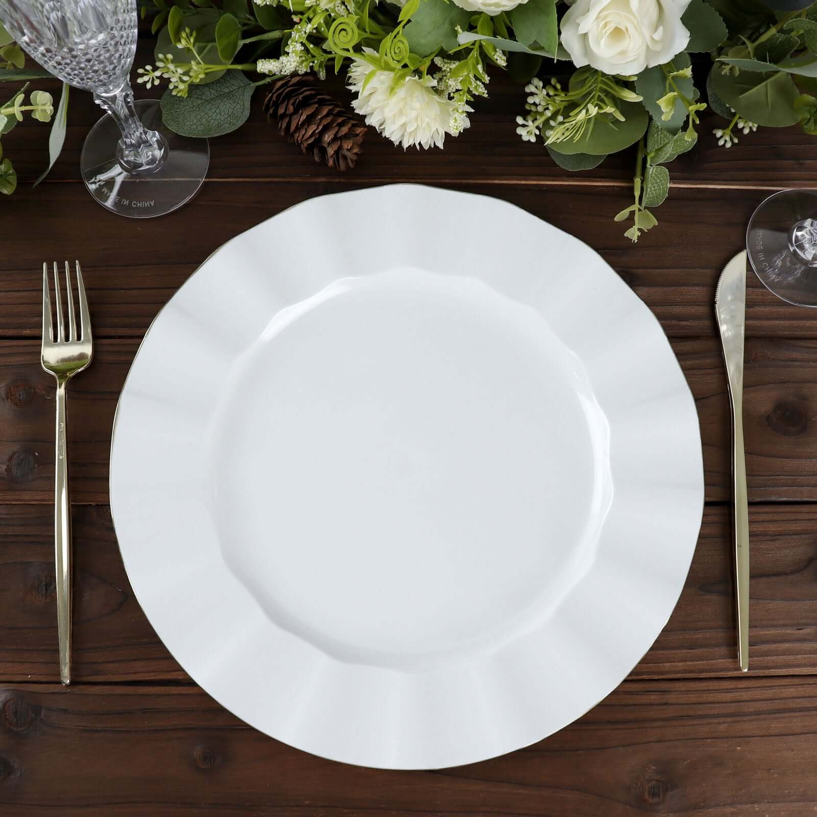 10-Pack Plastic 11 Round Dinner Plates in White Ruffled Rim with Gold Edging - Sturdy Disposable Dinnerware for Classy Events & Banquets