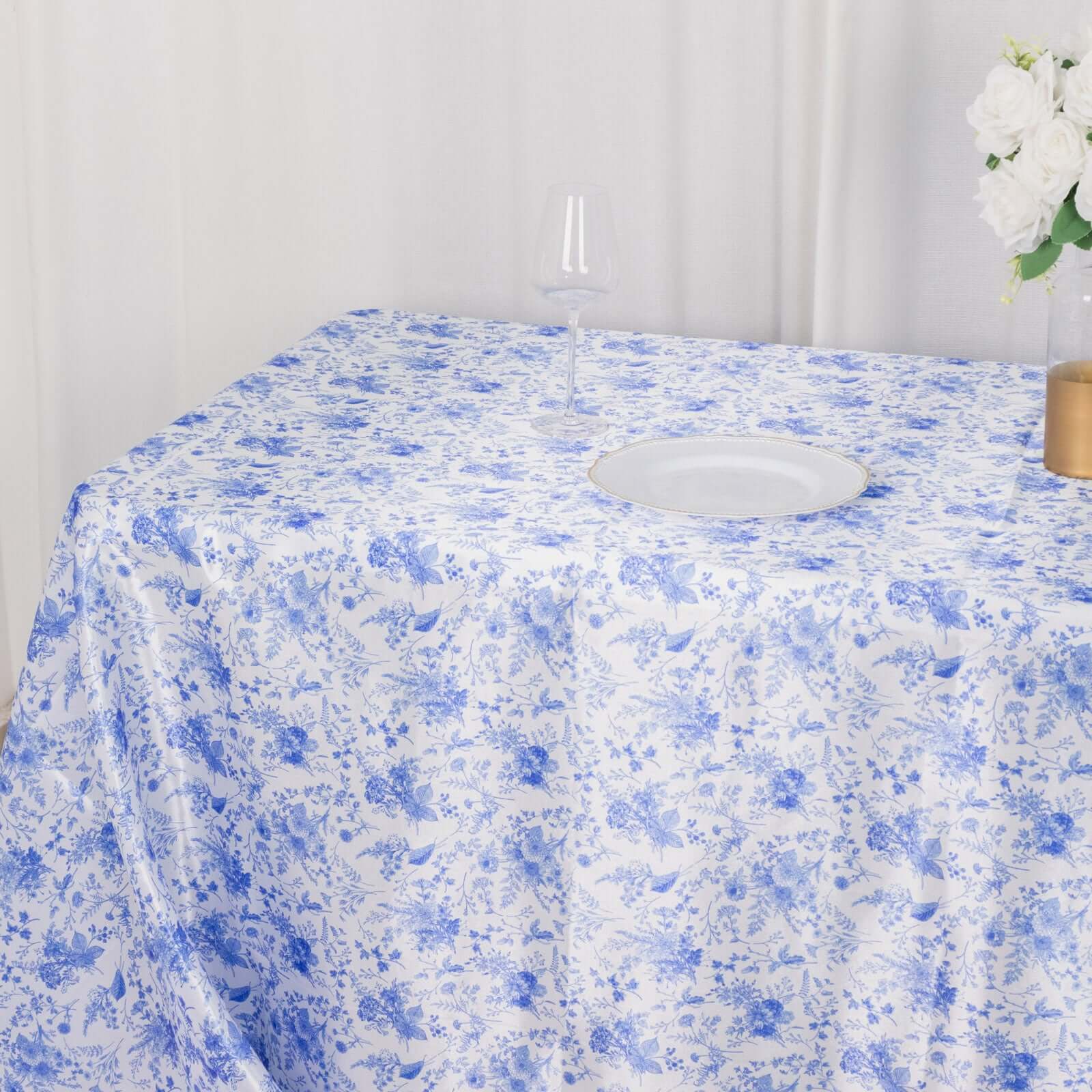 Satin Round 90x132 Tablecloth White/Blue French Toile Design - Seamless Stylish & Wrinkle-Resistant Table Cover