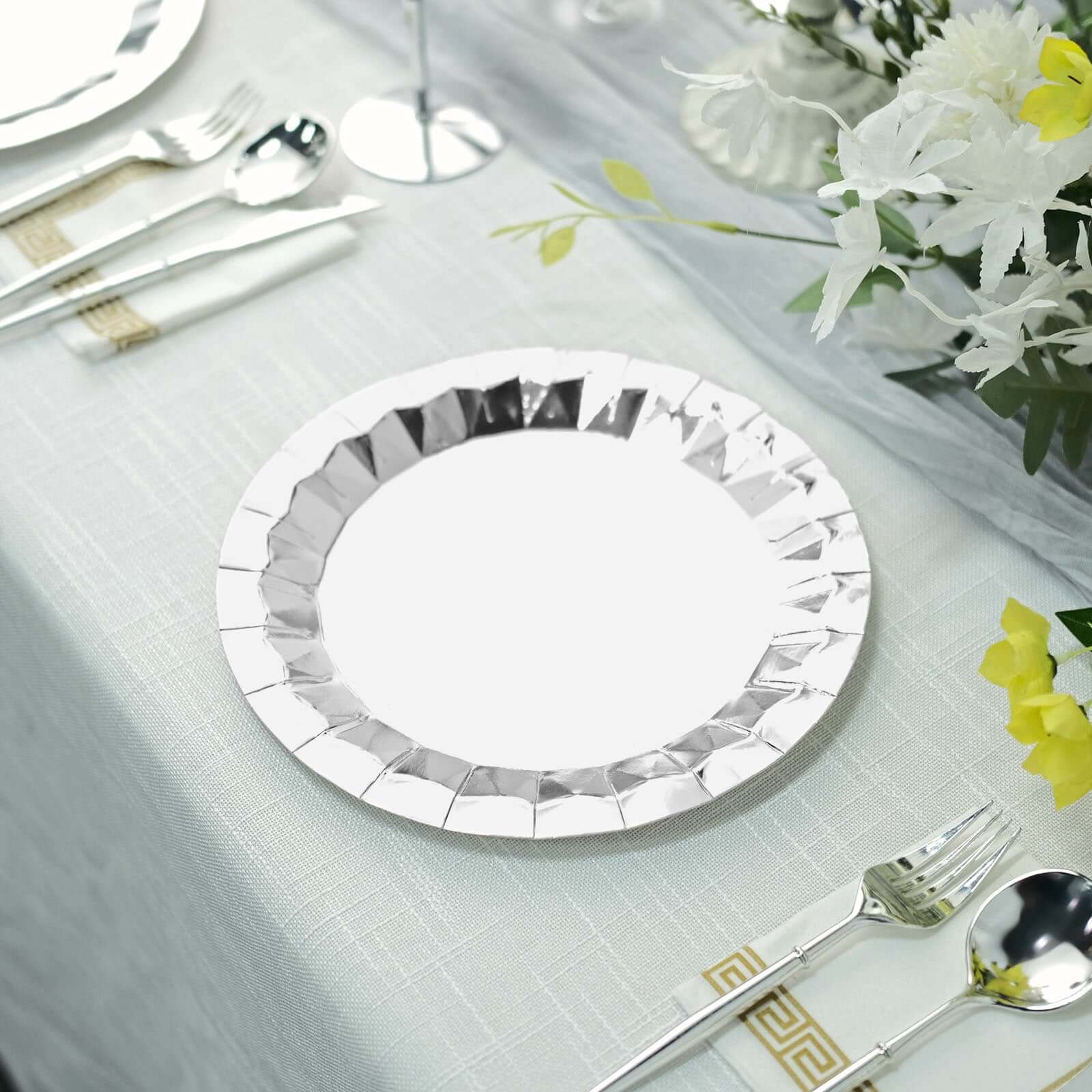 25-Pack Paper 9 Round Dinner Plates in Metallic Silver with Geometric Prism Rim - Disposable 400GSM Party Plates