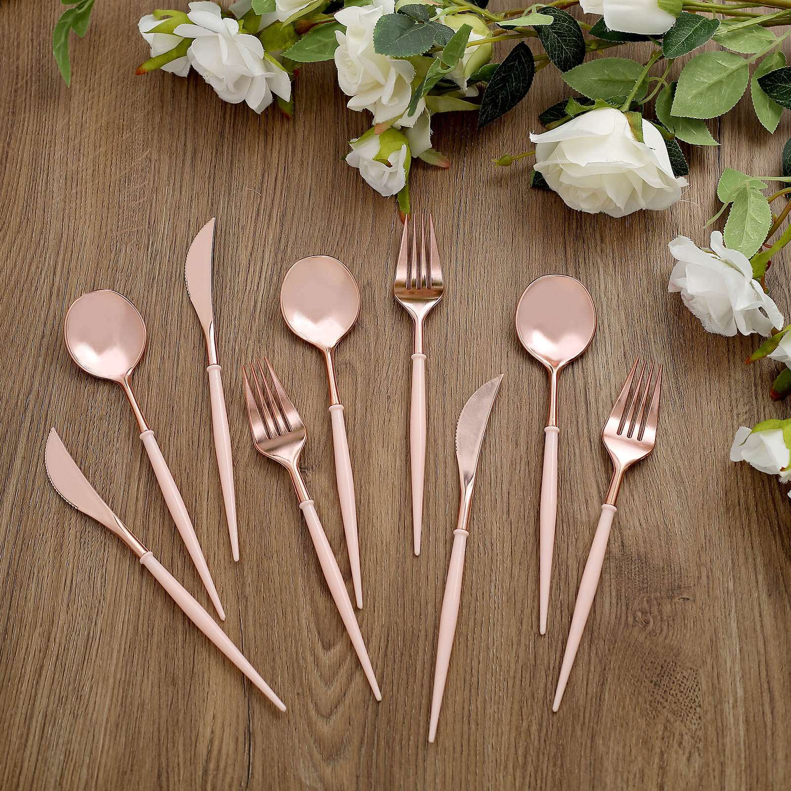 24-Pack Plastic Flatware Set in Rose Gold with Blush Handle - Heavy Duty Disposable Modern Silverware 8