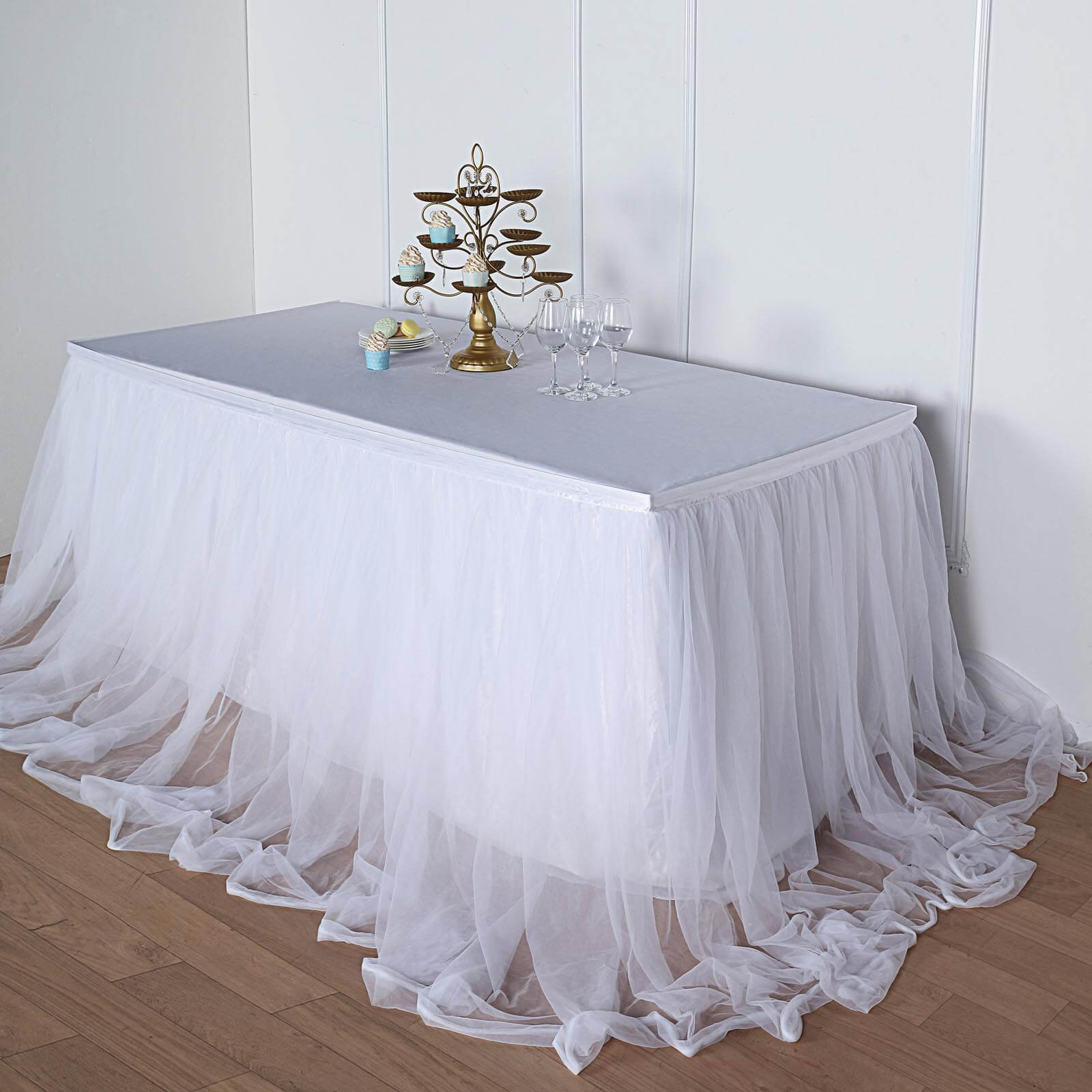 Extra Long Tulle 21ft Table Skirt White with Satin Edge - Table Cover for Baby Showers & Events