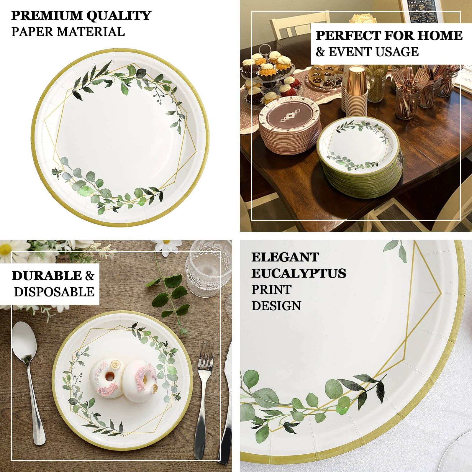 24-Pack Paper 7 Round Dessert Plates in White with Eucalyptus Leaves & Gold Rim - Disposable 300GSM Salad Plates for Garden Weddings & Celebrations