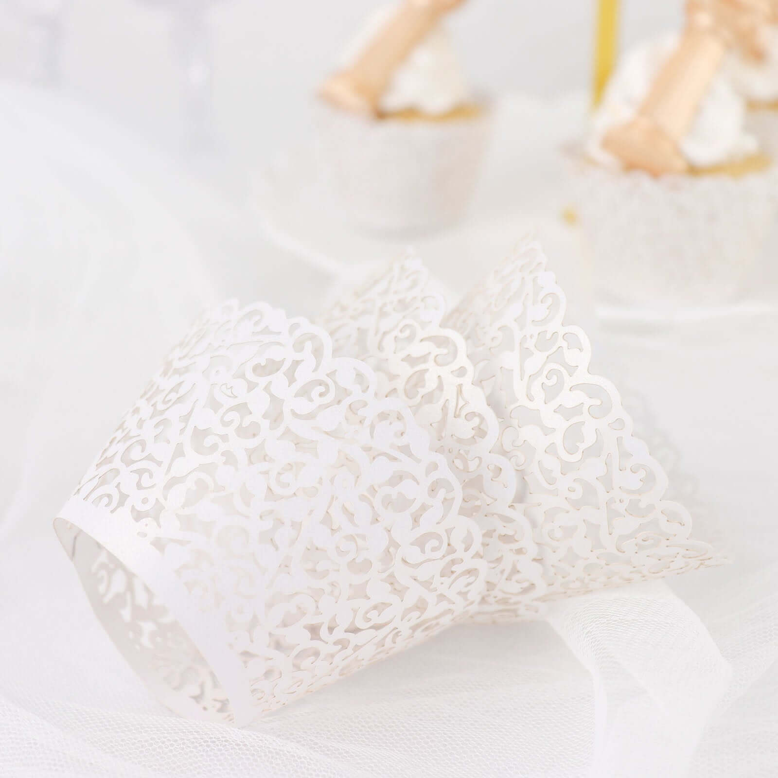 25-Pack Paper Cupcake Wrappers Lace Laser Cut Design White - Muffin Baking Cup Trays for Events