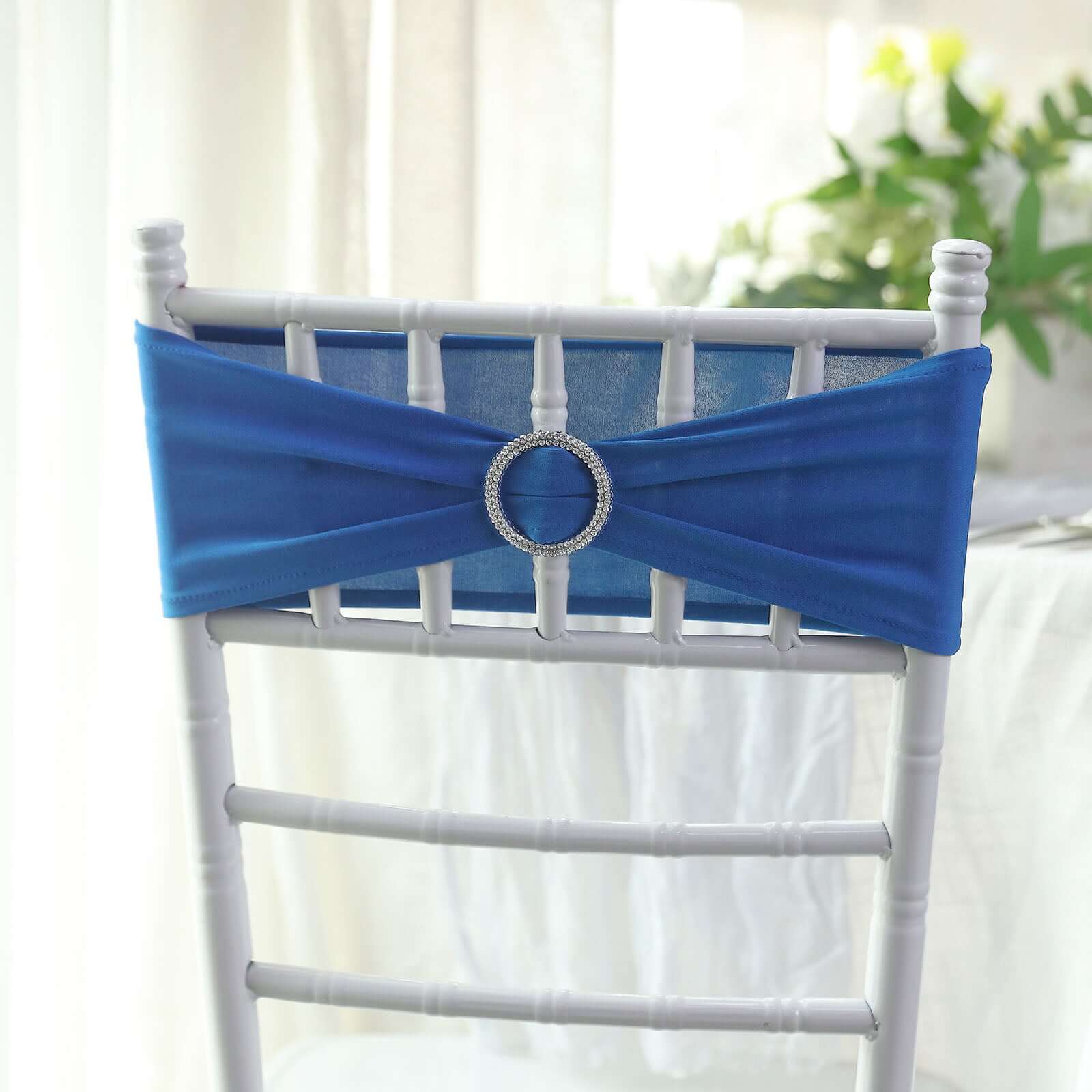 5 Pack Stretch Spandex Chair Sashes Royal Blue - Reusable Chair Bands with Silver Diamond Ring Slide Buckle 5x14