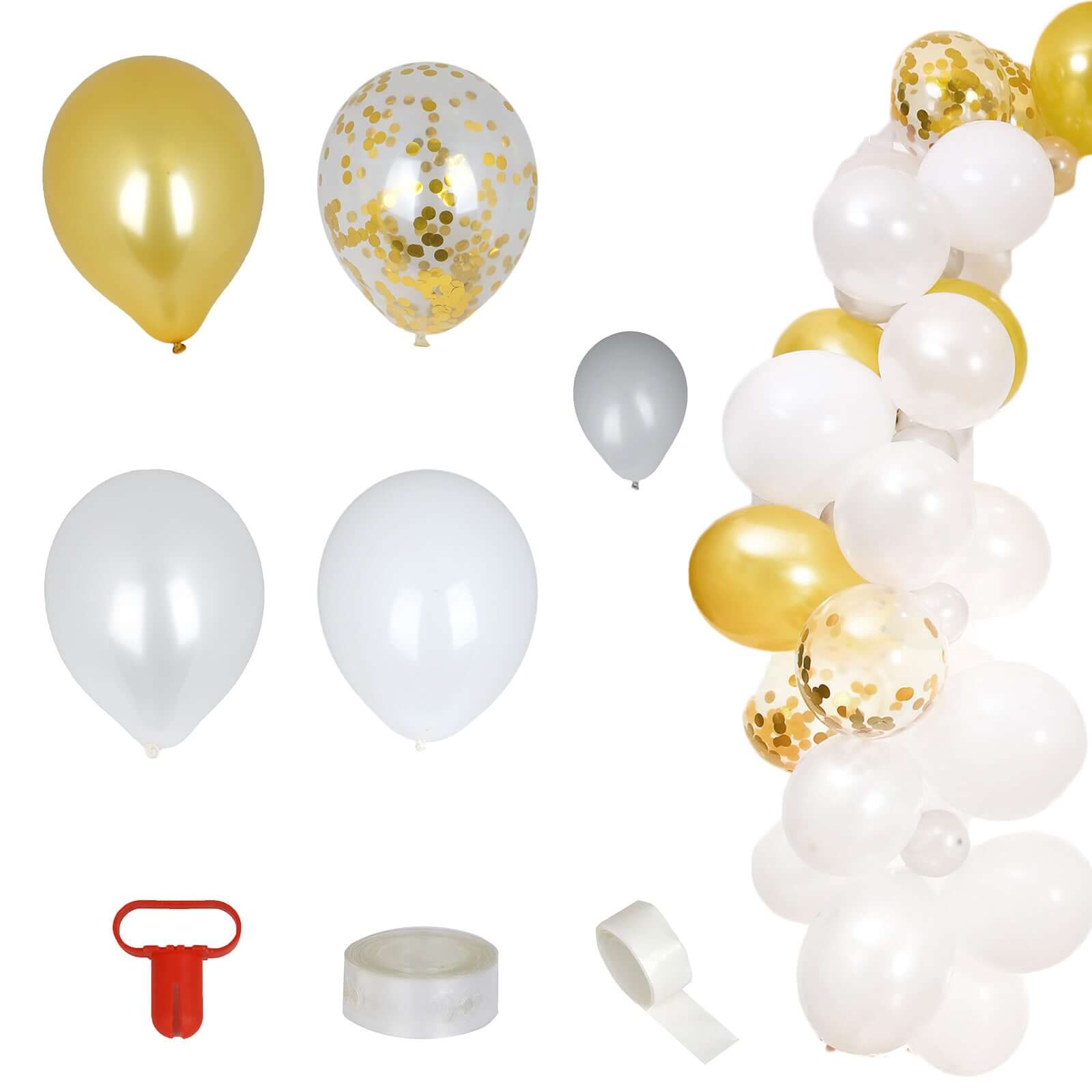 100 Pack Gold, White and Silver DIY Balloon Garland Arch Party Kit