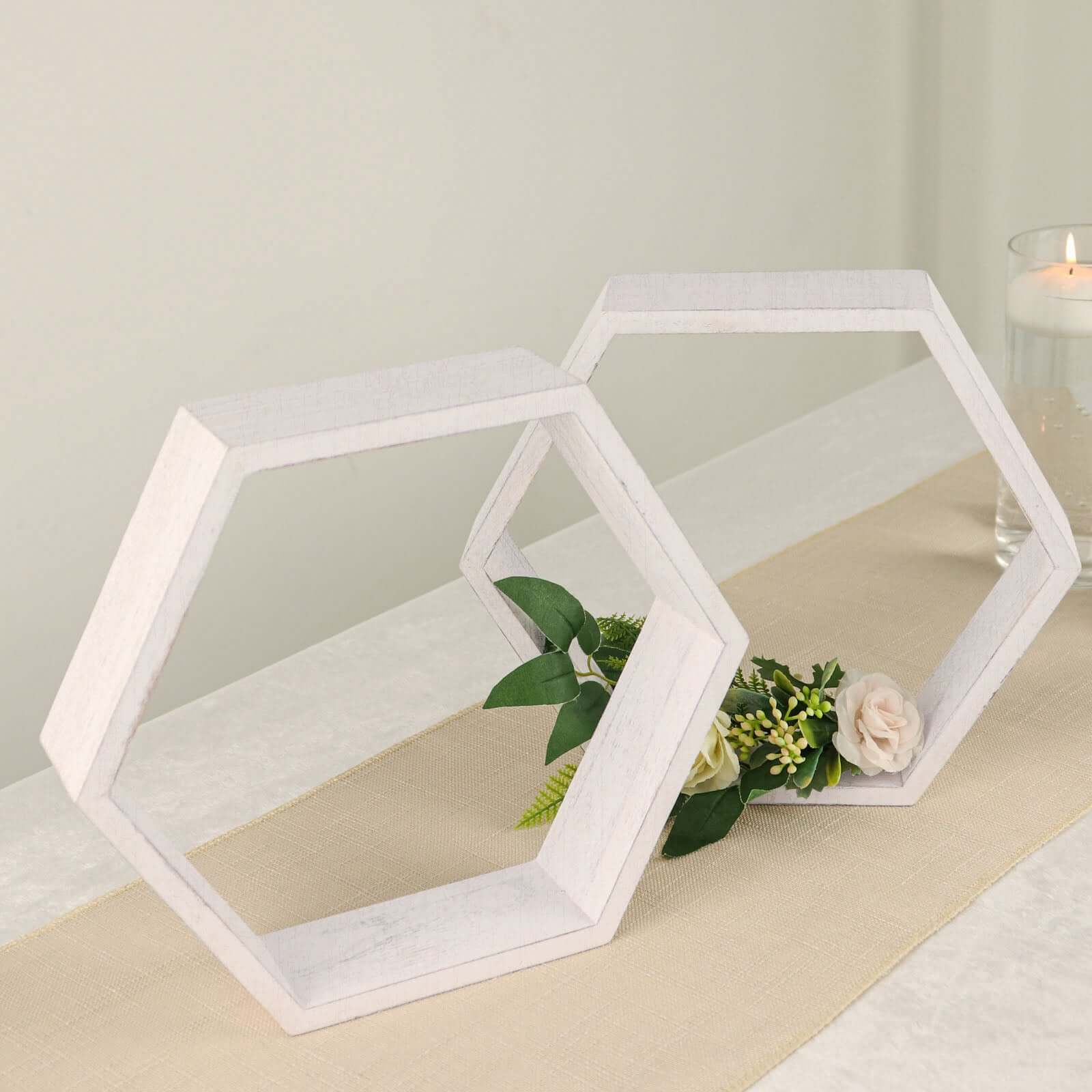 2 Pack 9 Hexagon Whitewashed Wood Centerpiece, Geometric Terrarium, Honeycomb Storage Shelf