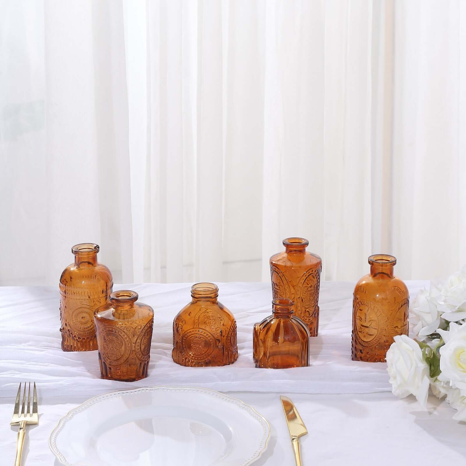 Set of 6 Embossed Glass Bud Vases Vintage Amber Gold - Apothecary Style Decorative Table Centerpieces