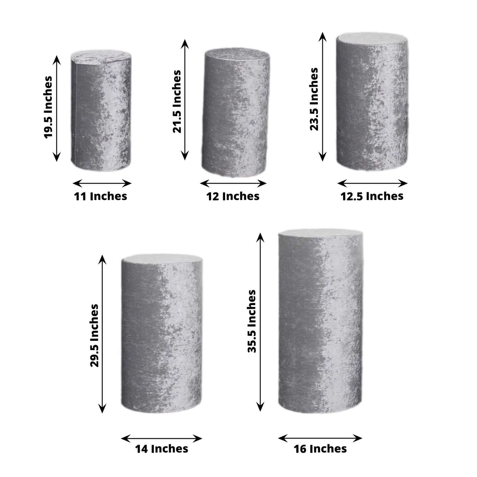 Set of 5 Silver Crushed Velvet Cylinder Pedestal Stand Covers, Premium Pillar Prop Covers