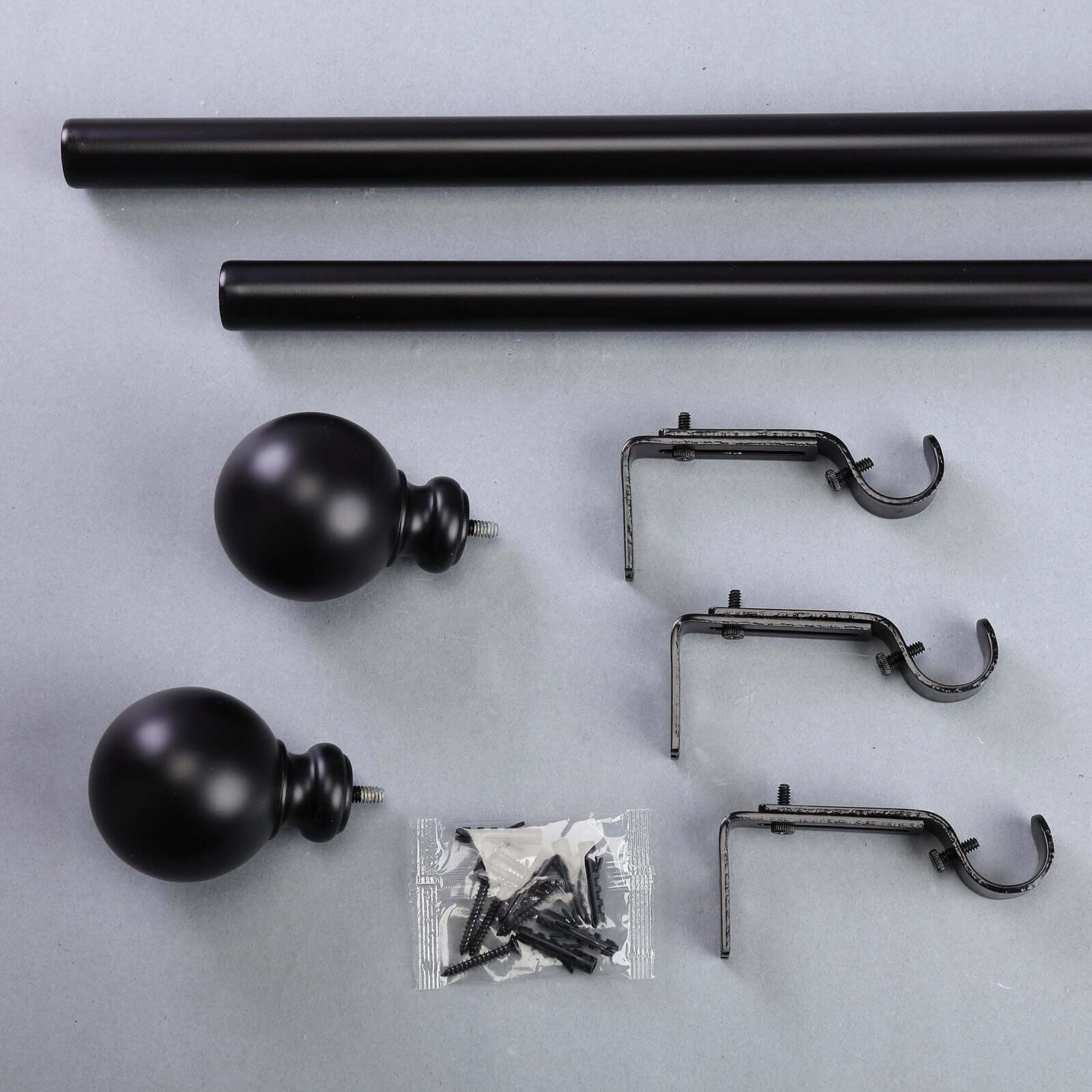 42-126 Adjustable Curtain Rod Sets, Black, Round Finials