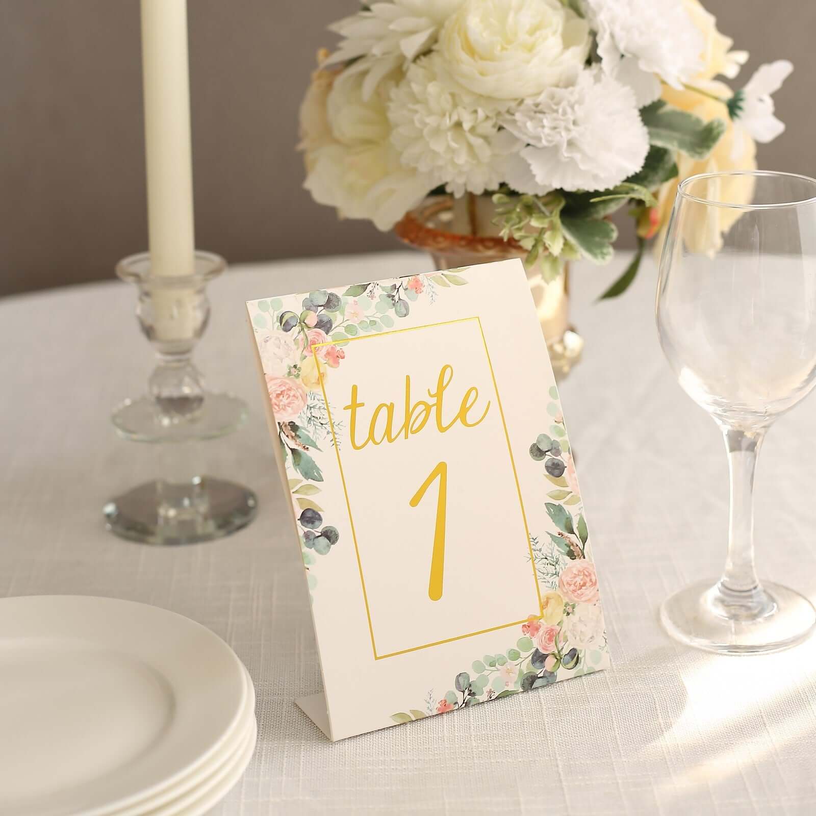 25-Pack Paper Wedding Table Numbers 1-25 White Peony Flower Design - Free Standing Double Sided Table Signs with Glam Gold Foil Numbers 7